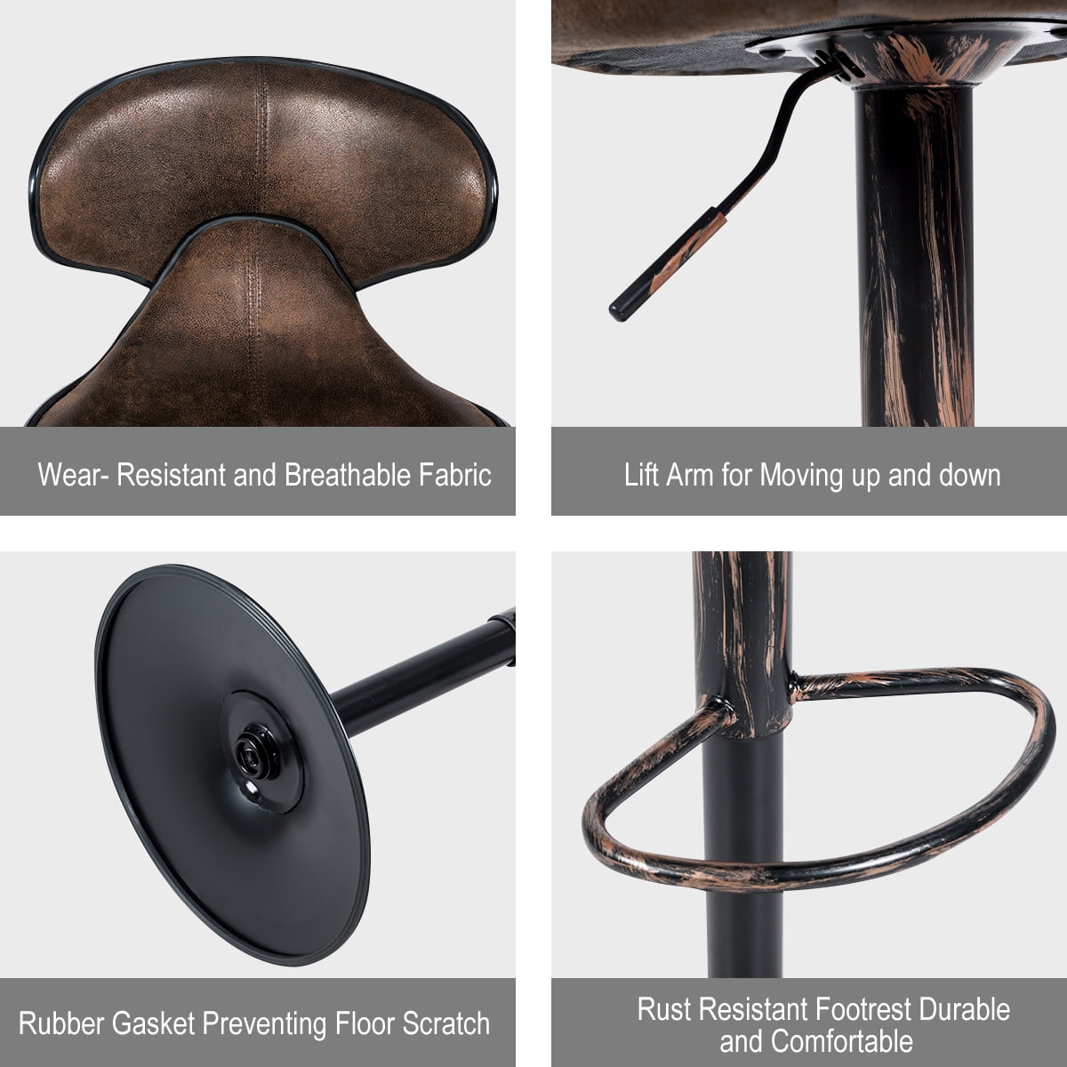 Costway Set of 2 Adjustable Bar Stools Swivel Bar Chairs with Back&Footrest Retro Brown - Image 6