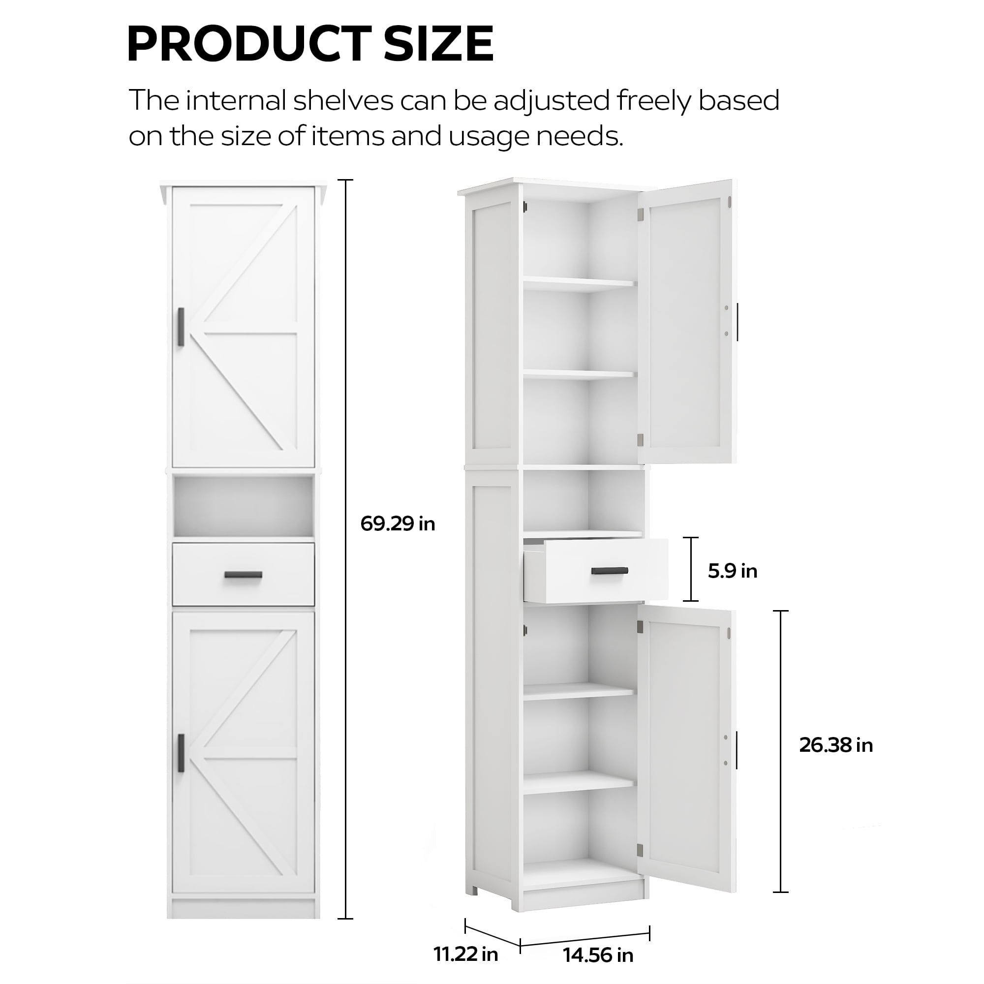 PORKISS Floor Storage Cabinet, Wood Pantry Cabinet with Doors and Drawer, Freestanding Narrow Bathroom Storage Organizer with Adjustable Shelves for Kitchen, Bathroom, Living Room, White - Image 5