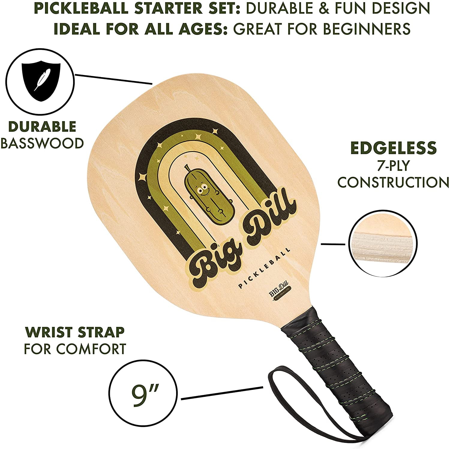 Big Dill Pickleball Co. Superstar Wooden Pickleball Paddle Set of 4 Pickleball Paddles, 4 Outdoor Pickleball Balls & Drawstring Bag for Beginner Pickleball Set - Image 2
