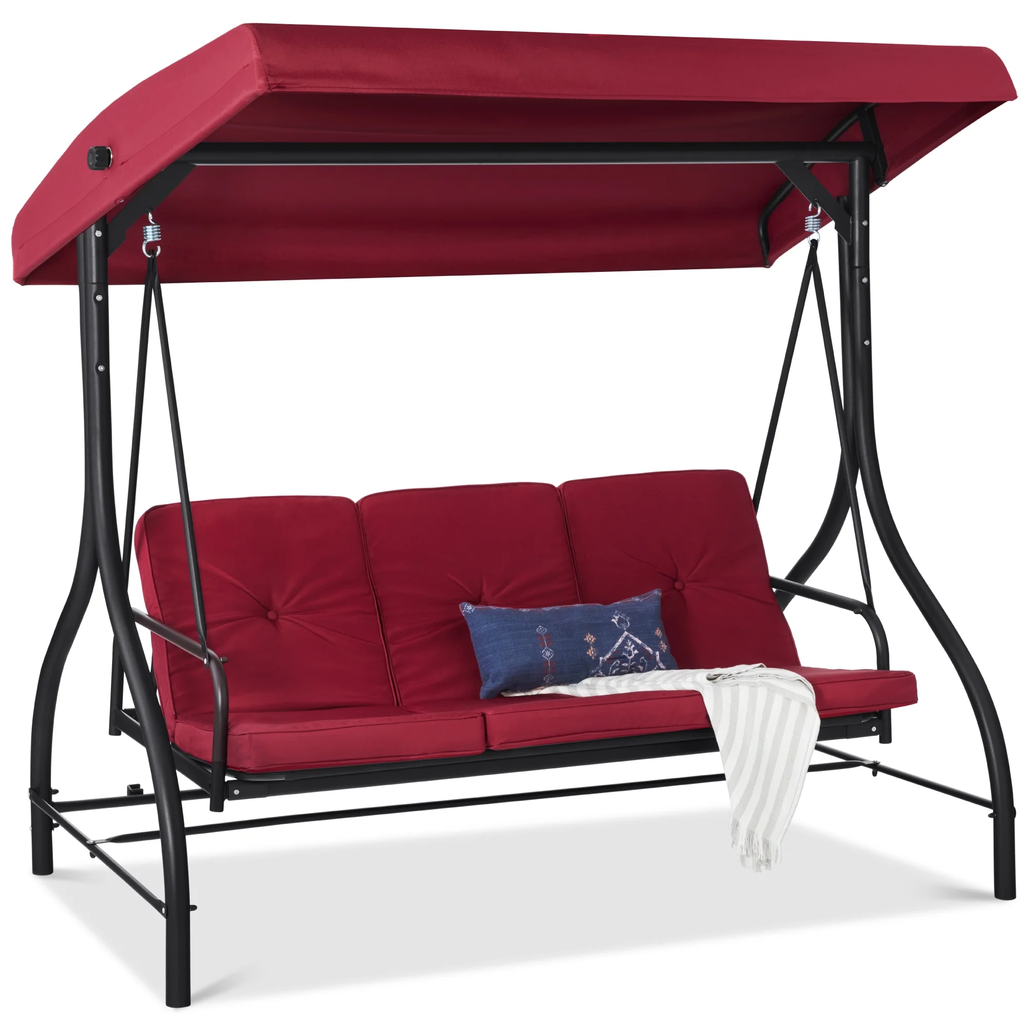 Best Choice Products 3-Seat Outdoor Converting Canopy Swing Glider Patio Hammock w/ Removable Cushions - Burgundy - Image 5
