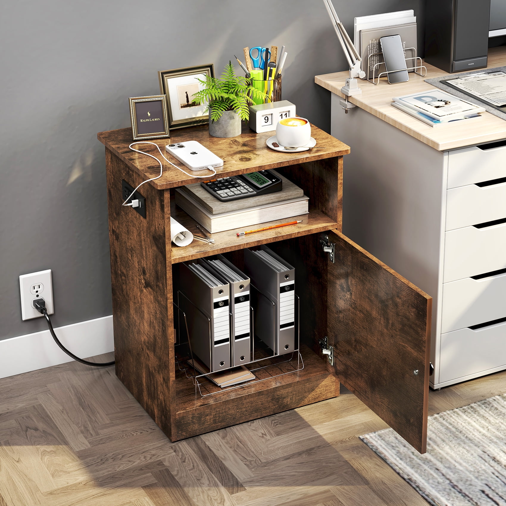 TC-HOMENY Nightstand with Charging Station Modern End Side Table with Storage Cabinet & USB Ports & Power Outlets for Bedroom Living Room - Image 5