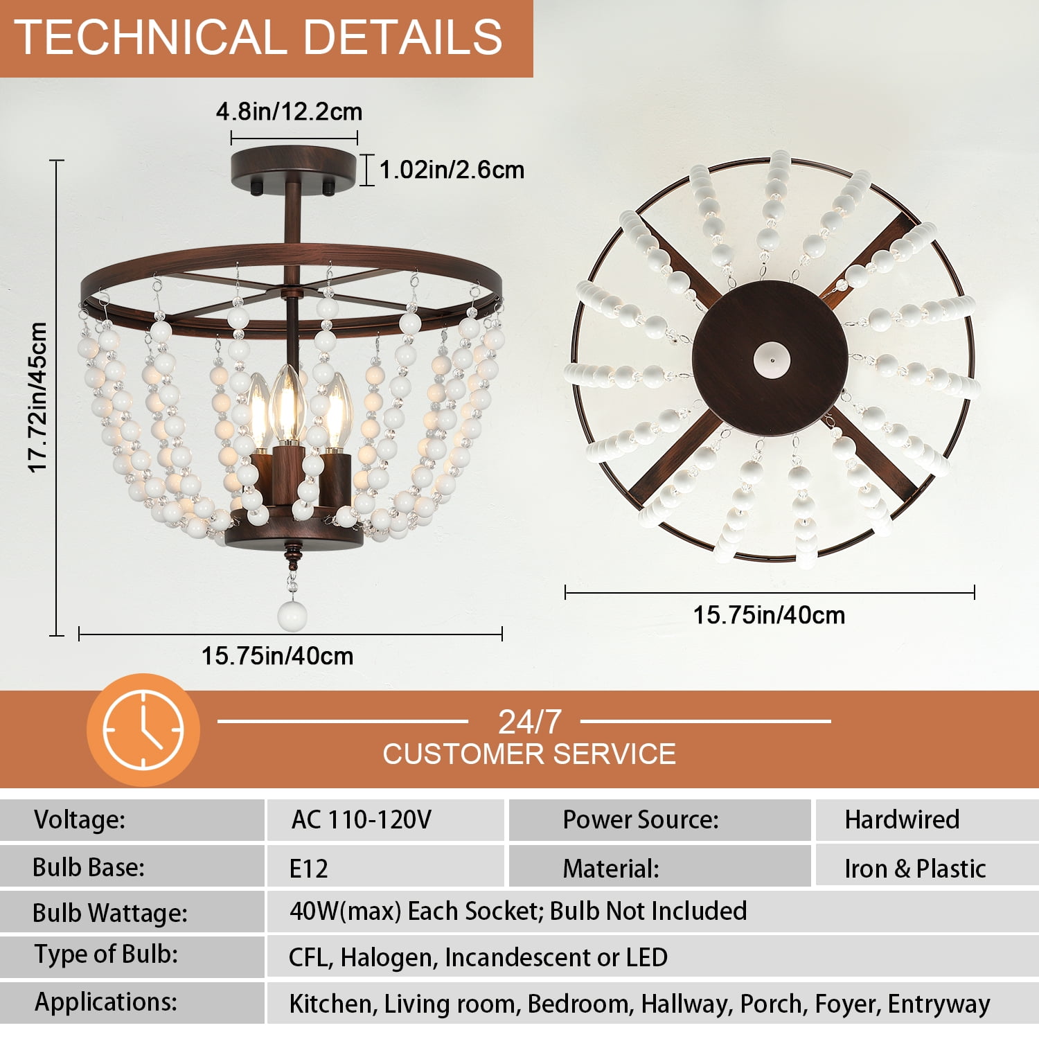 Depuley 3 Light Boho Chandlier Beaded Pendant Light Bohemian Chandelier Rustic Semi Flush Mount Ceiling Light for Kitchen Living Room Bedroom Dining, E26 Socket - Image 10