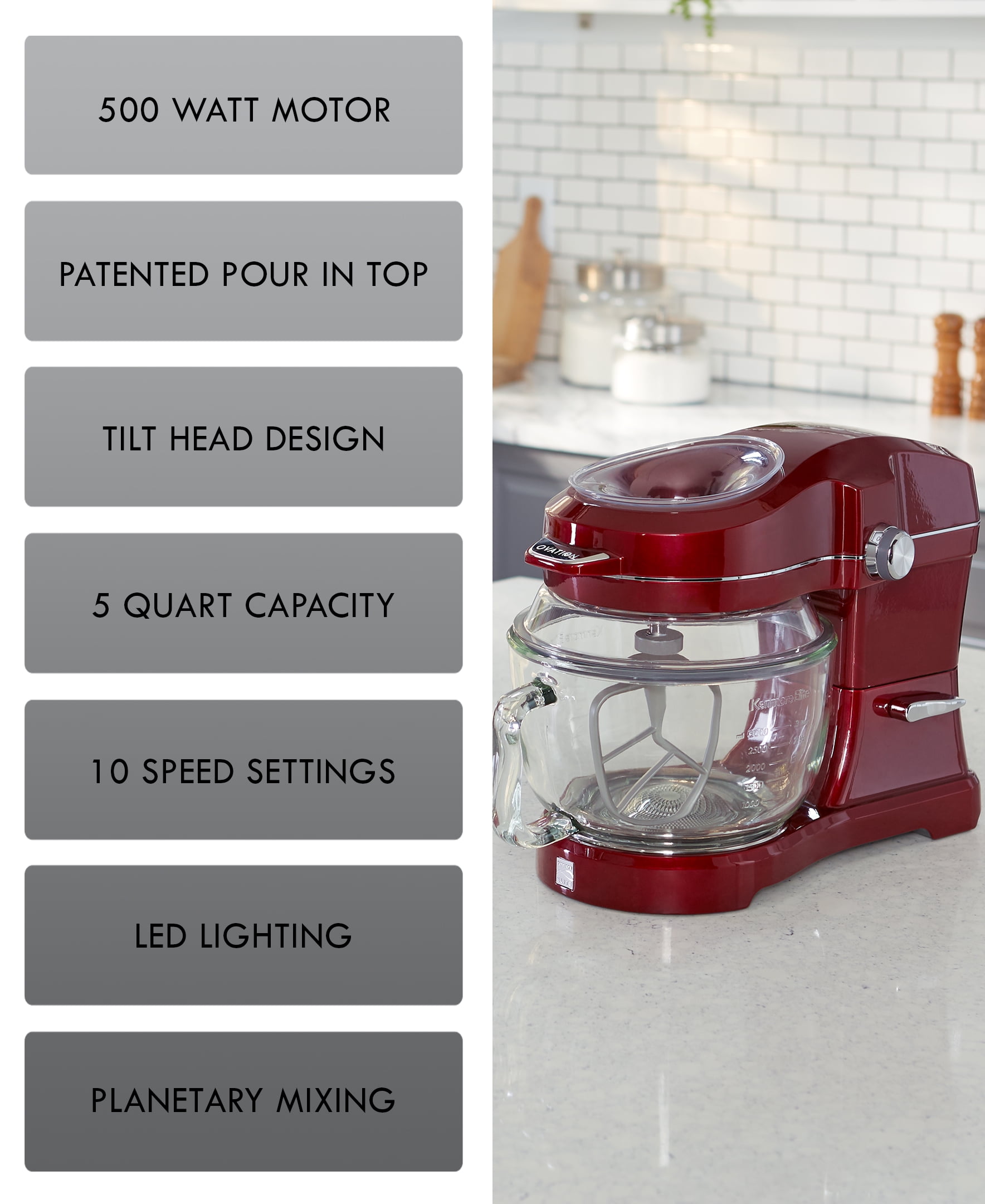 Kenmore Elite Ovation 5 Quart Tilt-Head Stand Mixer , 500W , Red - Image 7
