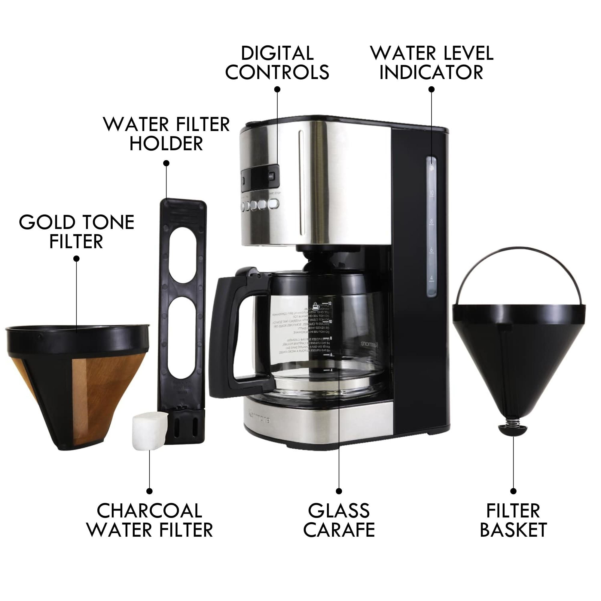 Kenmore Aroma Control 12-Cup Programmable Coffee Maker, Black and Stainless Steel Drip Coffee Machine, Glass Carafe, Reusable Filter, Timer, Digital Display Charcoal Water Filter, Regular or Bold - Image 5