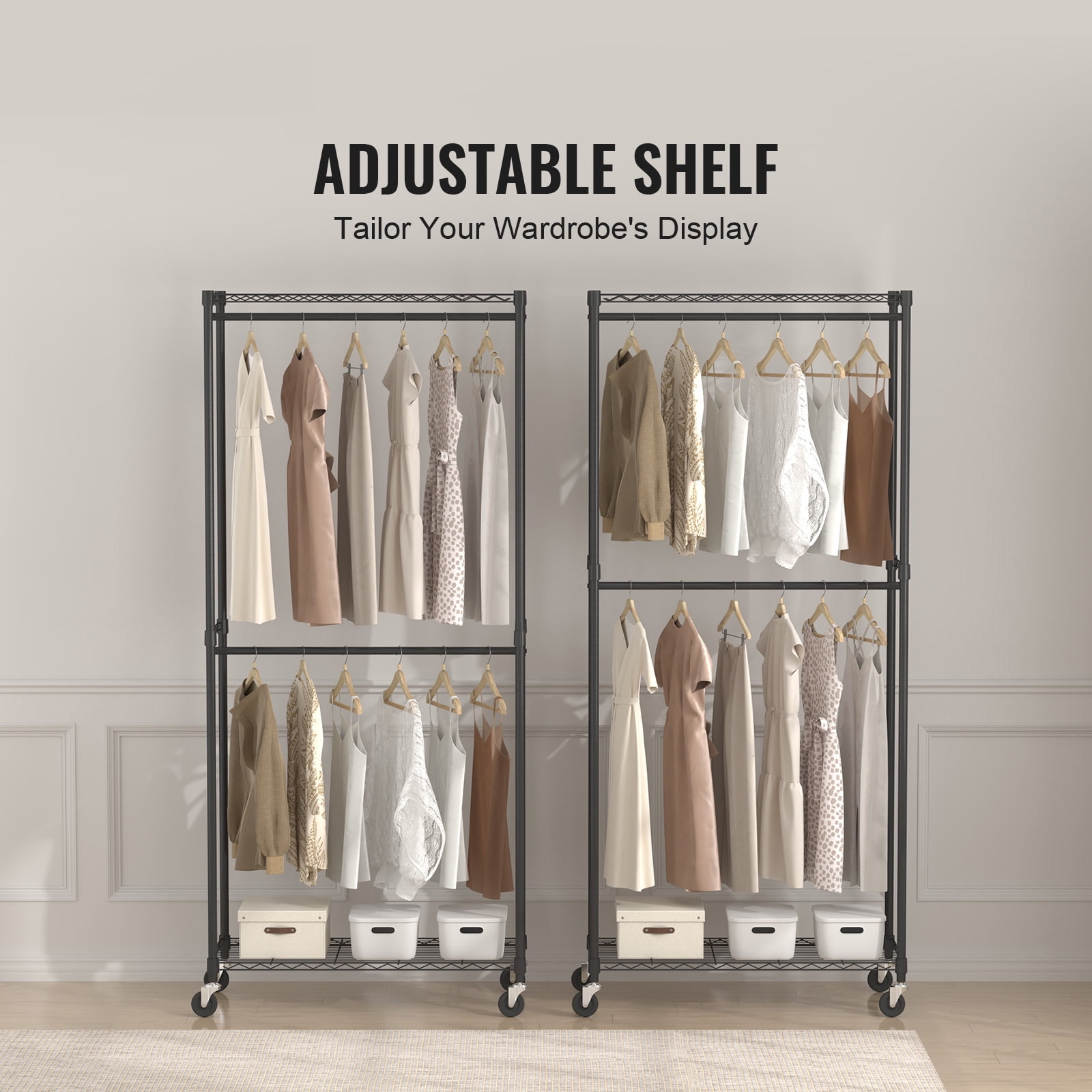 KFFKFF Sturdy Apparel Rack, Dual Rods for Garments with Upper and Lower Shelving, Mobile Wardrobe on Wheels, 1'' Thick Steel Construction Supports Up to 300Lbs - Image 6
