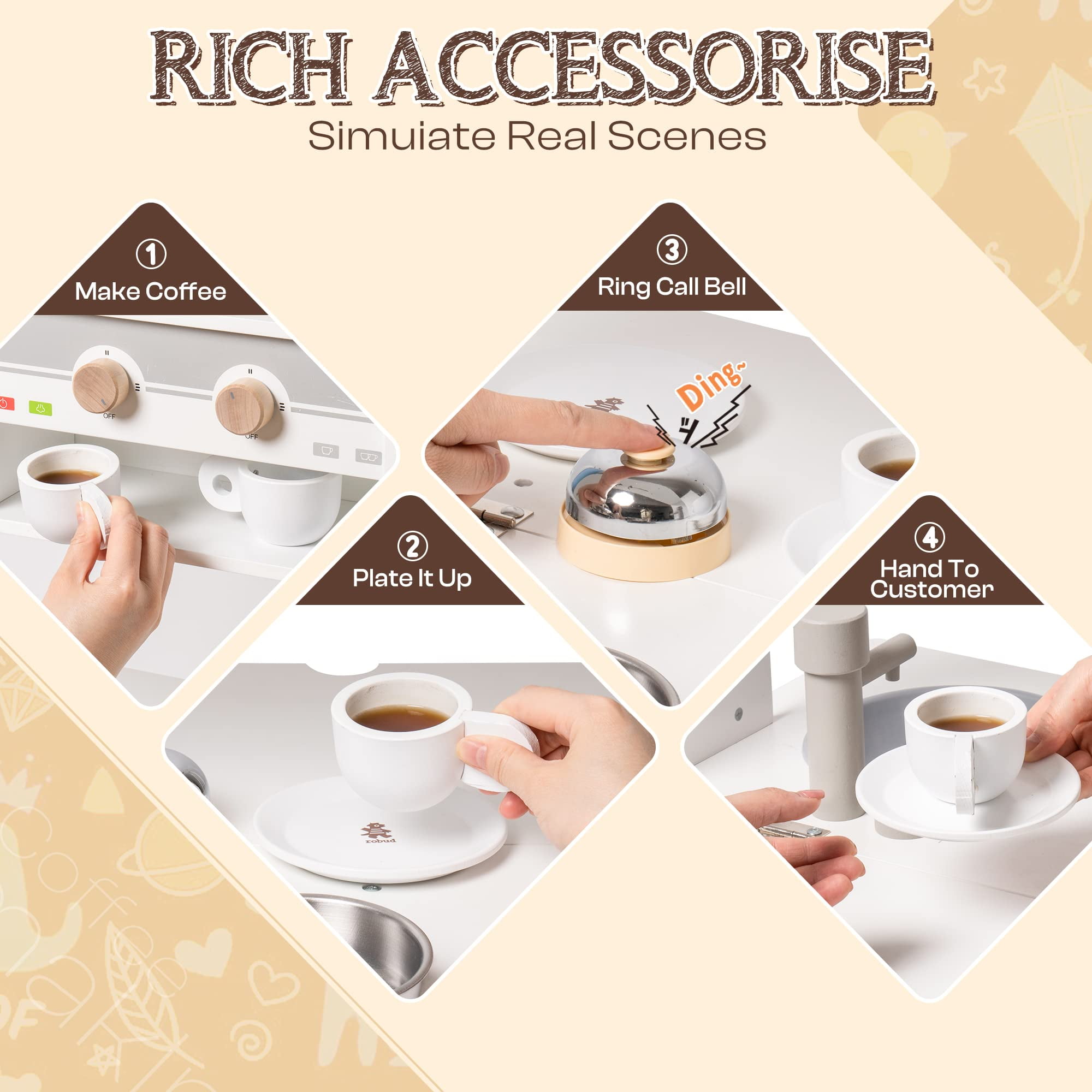 Robud Play Kitchen Set Pretend Play,3 in 1 Wooden Kitchen Playset,with Blackboard Classic Style with Theme Stickers for Boys Girls - Image 3