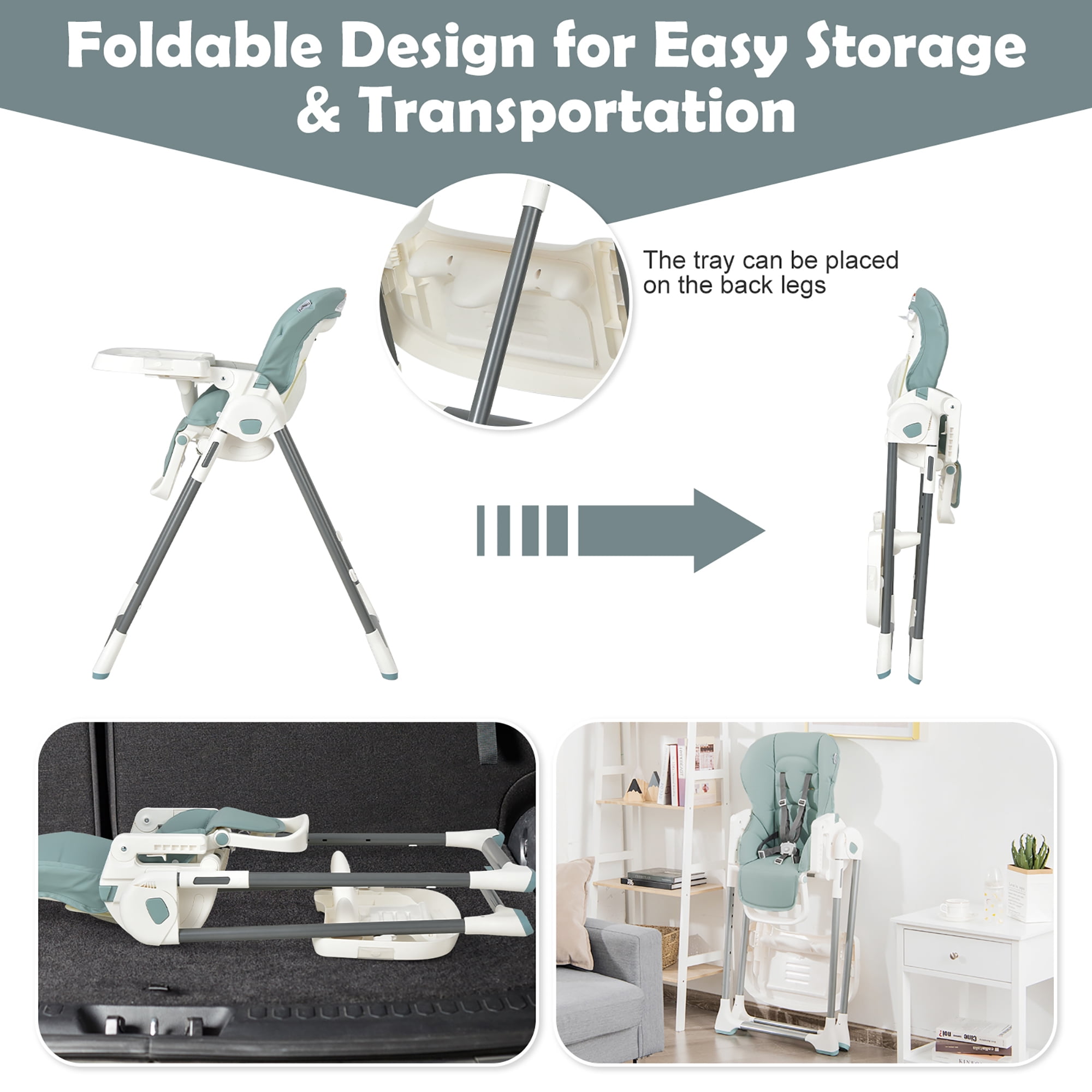 Babyjoy Foldable Baby High Chair w/ Double Removable Trays & Book Holder Green - Image 3