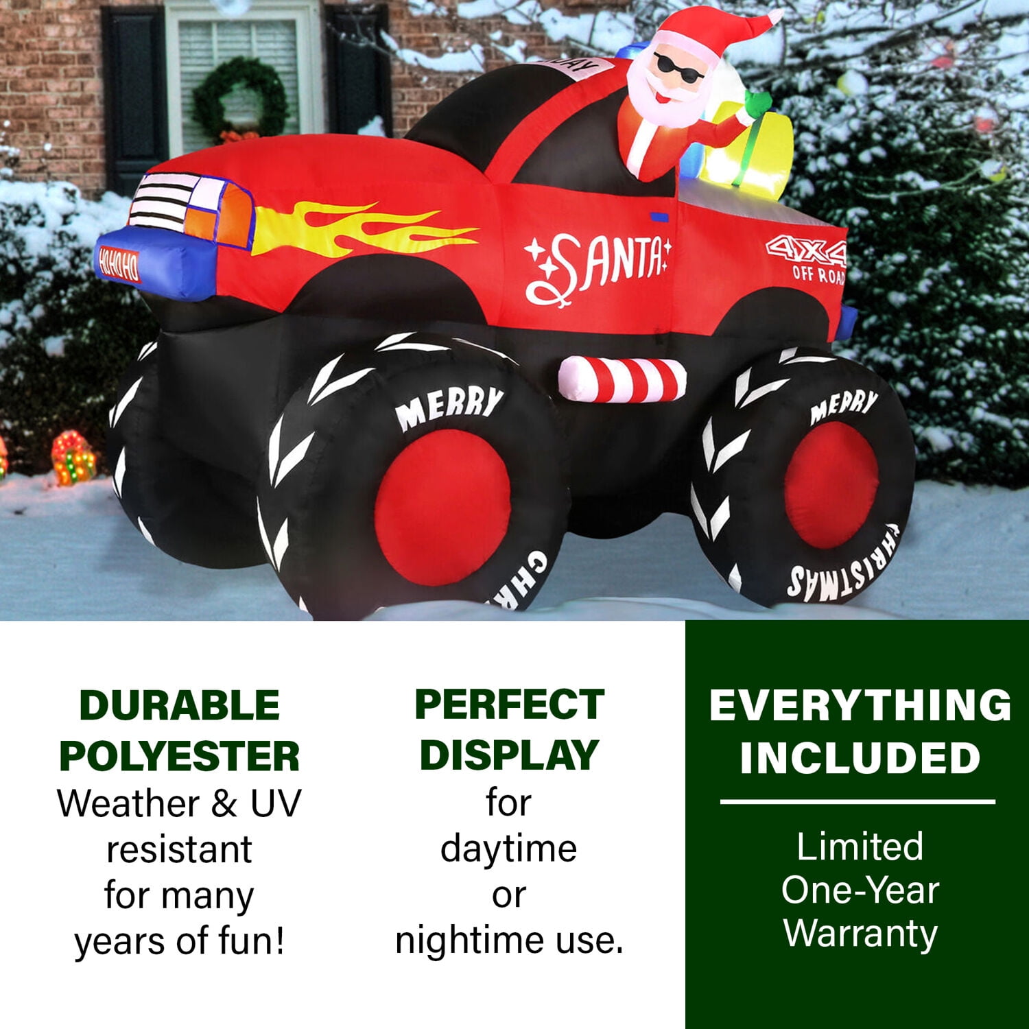 Fraser Hill Farm 7-ft. Wide Inflatable Christmas Santa Claus in Monster Truck with LED Lights, Festive Holiday Blow-Up Decorations, Blower, Ropes, and Stakes Included | FHFMNSRTRCK071-L - Image 2