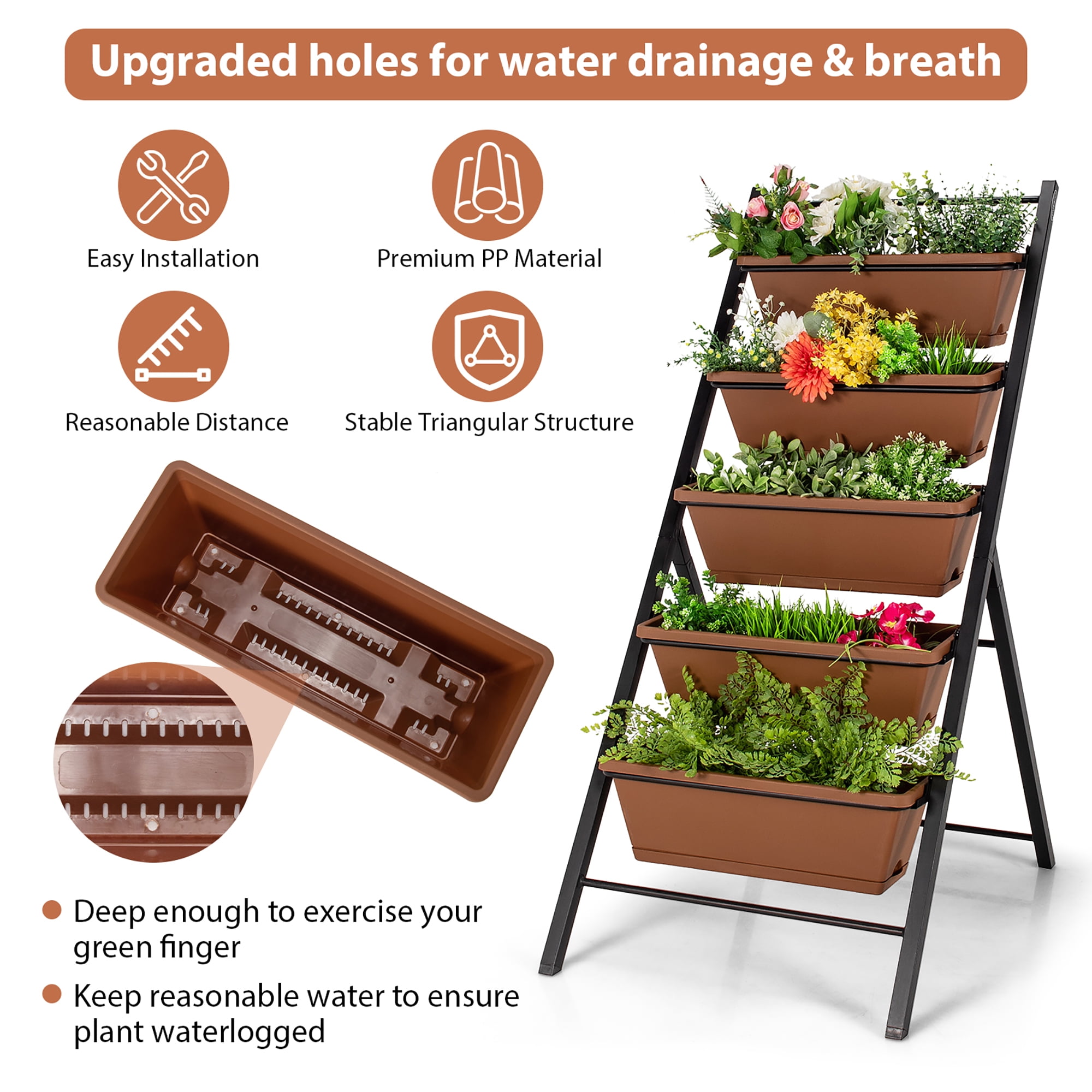Costway 5-tier Vertical Garden Planter Box Elevated Raised Bed w/5 Container Brown - Image 6