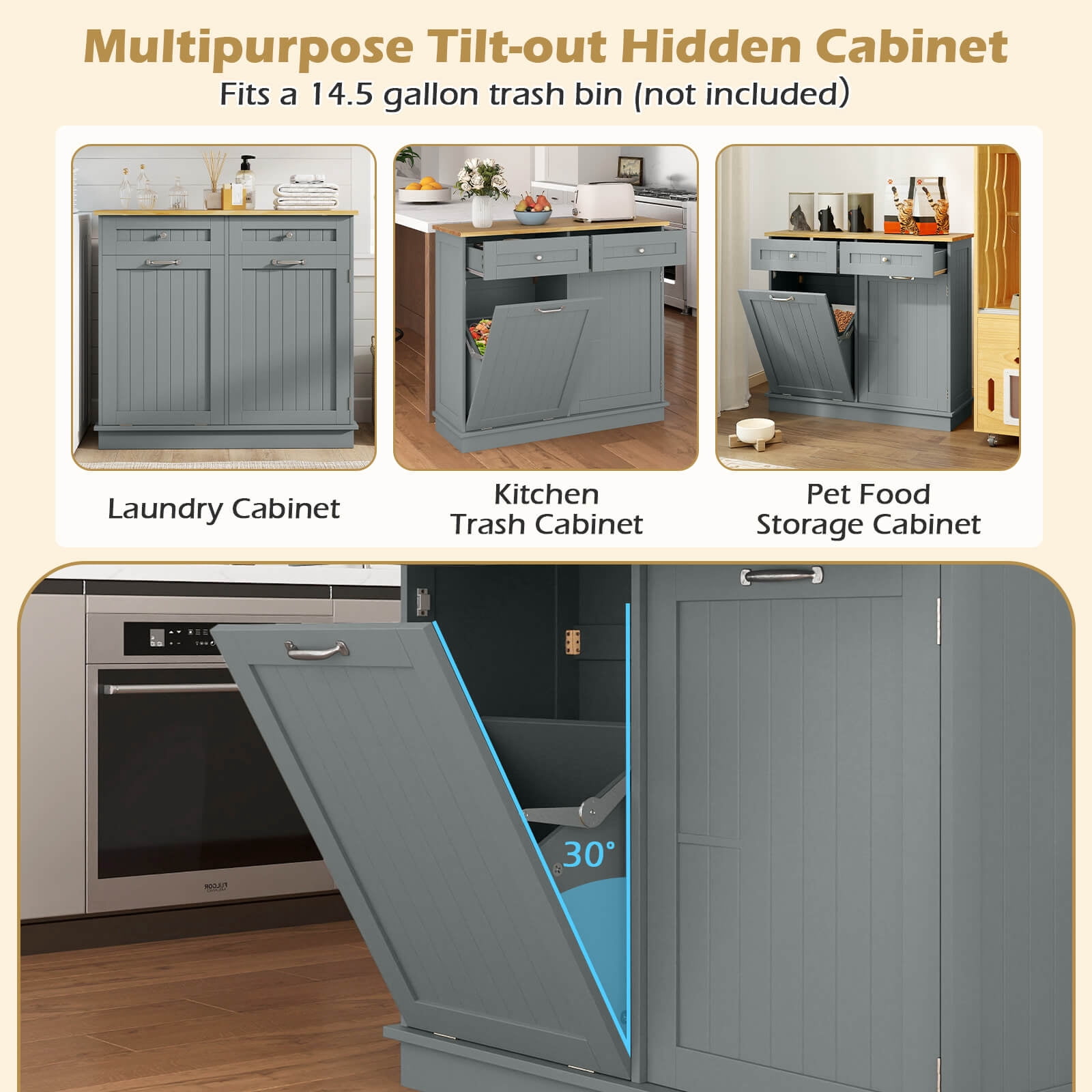 Costway 15.5 Gallon Kitchen Tilt Out Trash Cabinet Rubber Wood Tabletop 2 Drawers Shelf Gray - Image 11