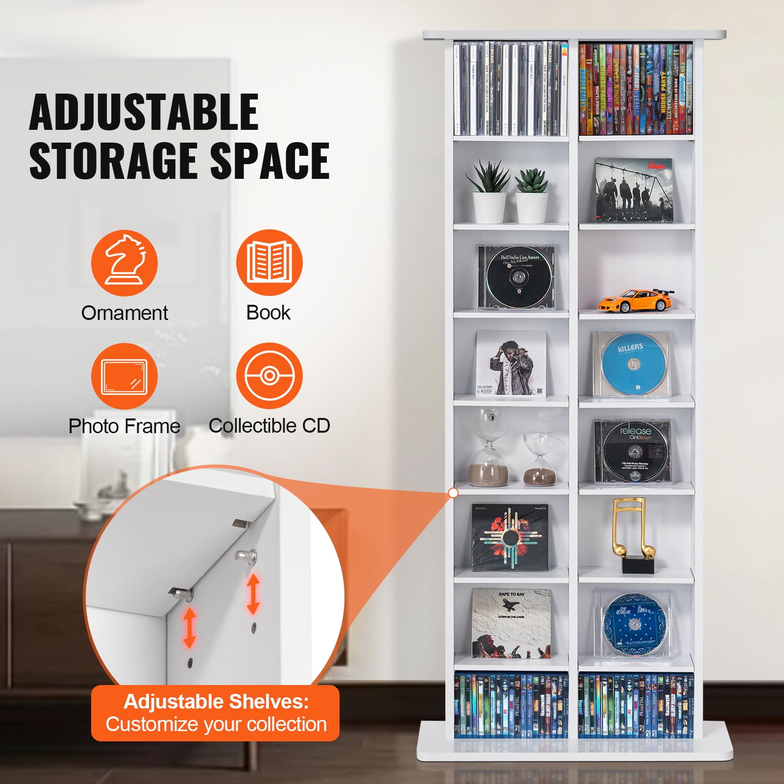 KFFKFF Media Organizer Cabinet, 8-Tier DVD Rack, Stores Up to 464 CDs, Flexible CD Shelving with 16 Sections, Safeguards & Sorts Music, Films, Video Games & Collectibles, White - Image 6