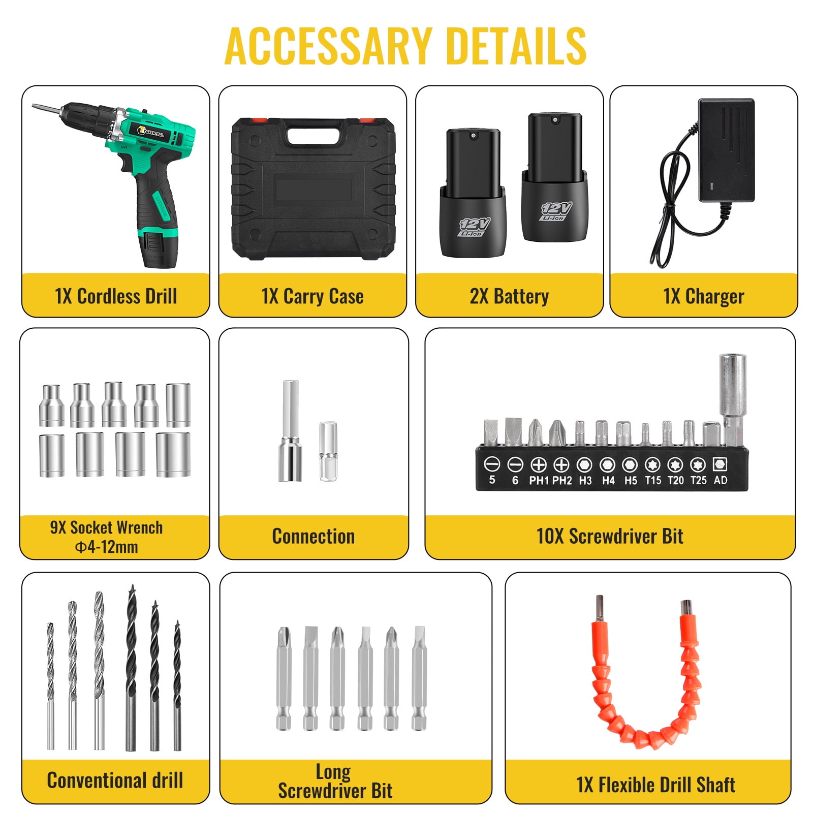 CONENTOOL 12V Cordless Drill Combi Driver Electric Screwdriver Set W/ 2 Battery,36pcs Electric Impact Wrench Gun Kit With Carry Case/Screwdriver Bit/ Socket Wrench / Drill Bit Set - Image 7