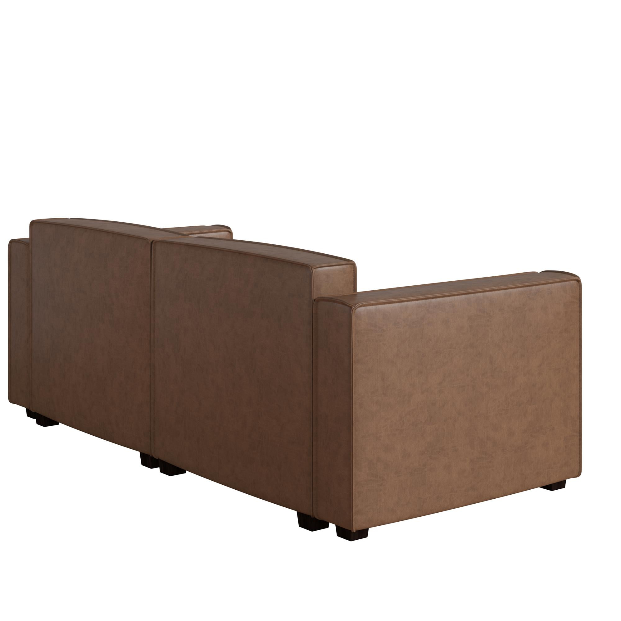 Mainstays Wynnewood 75" Low Profile Faux Leather Sofa Couch with 2 Throw Cushions, Brown - Image 15