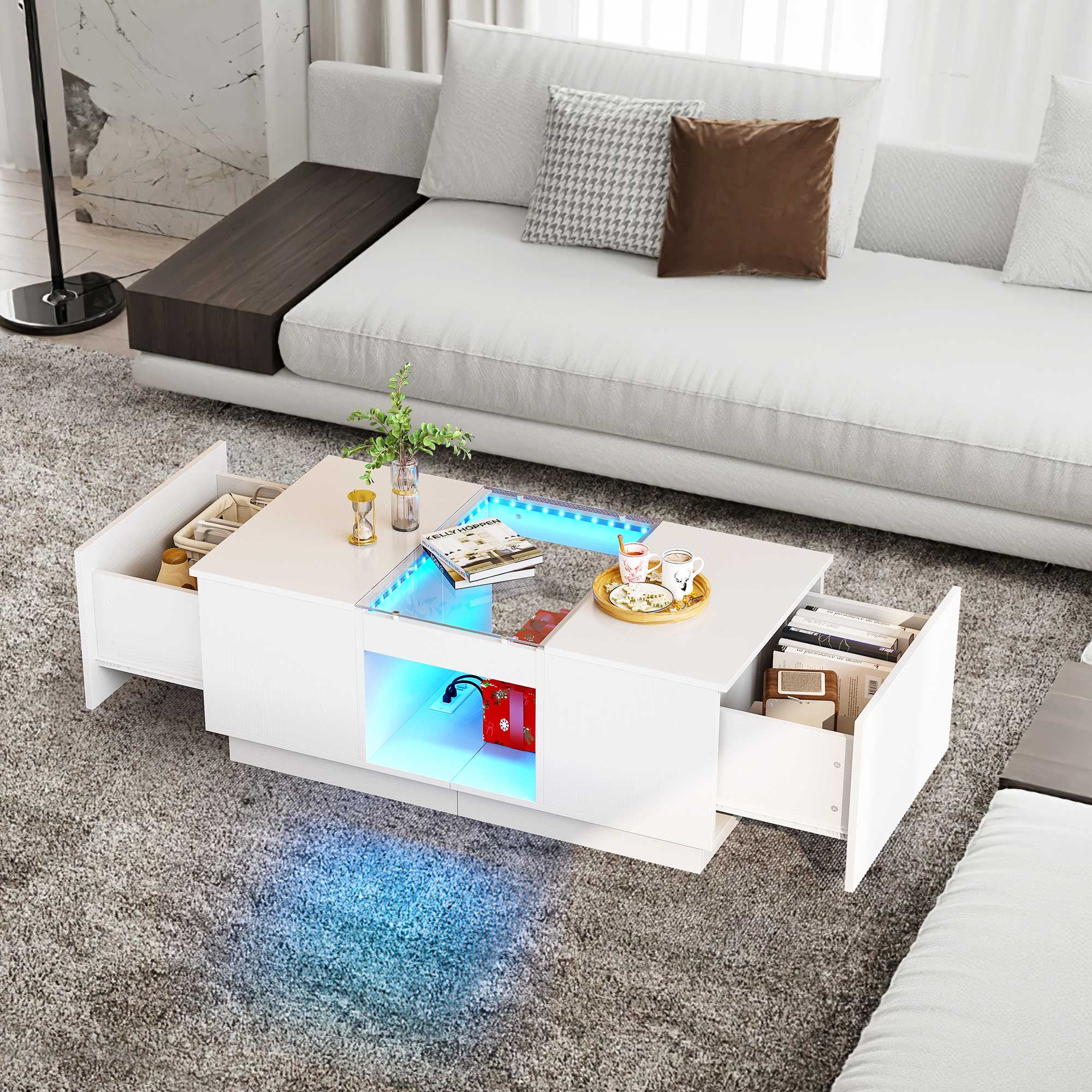 Dextrus Modern LED Coffee Table, White Coffee Table with Storage, Large Living Room Center Tables, 2 Tiers and 2 Drawers - Image 7