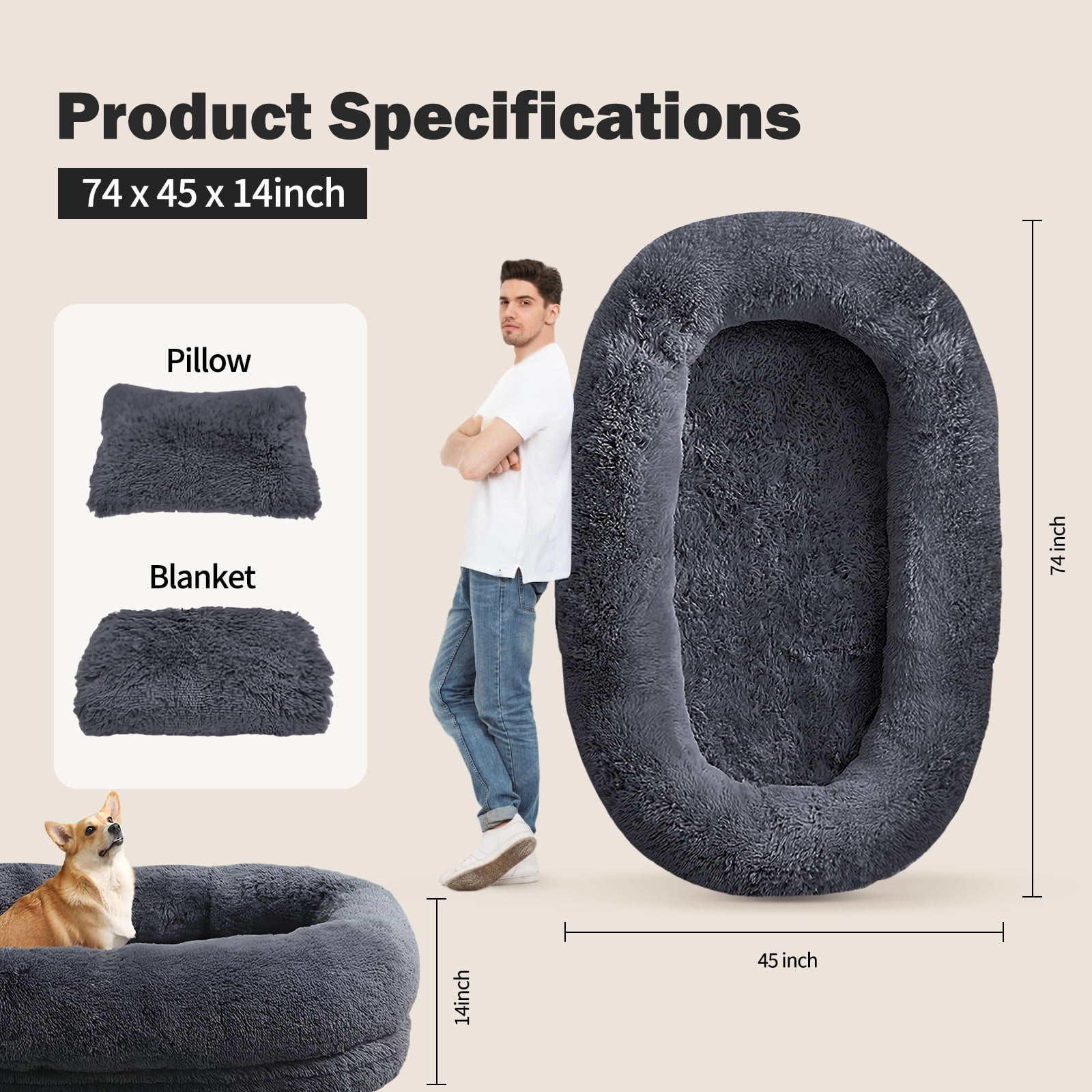 XCLOUD Human Dog Bed, 75''x45''x14'' Large Size Fits for Adults, Washable Cover Dog Bed, Present Plump with Pillow and Blanket, Dark Gray - Image 3