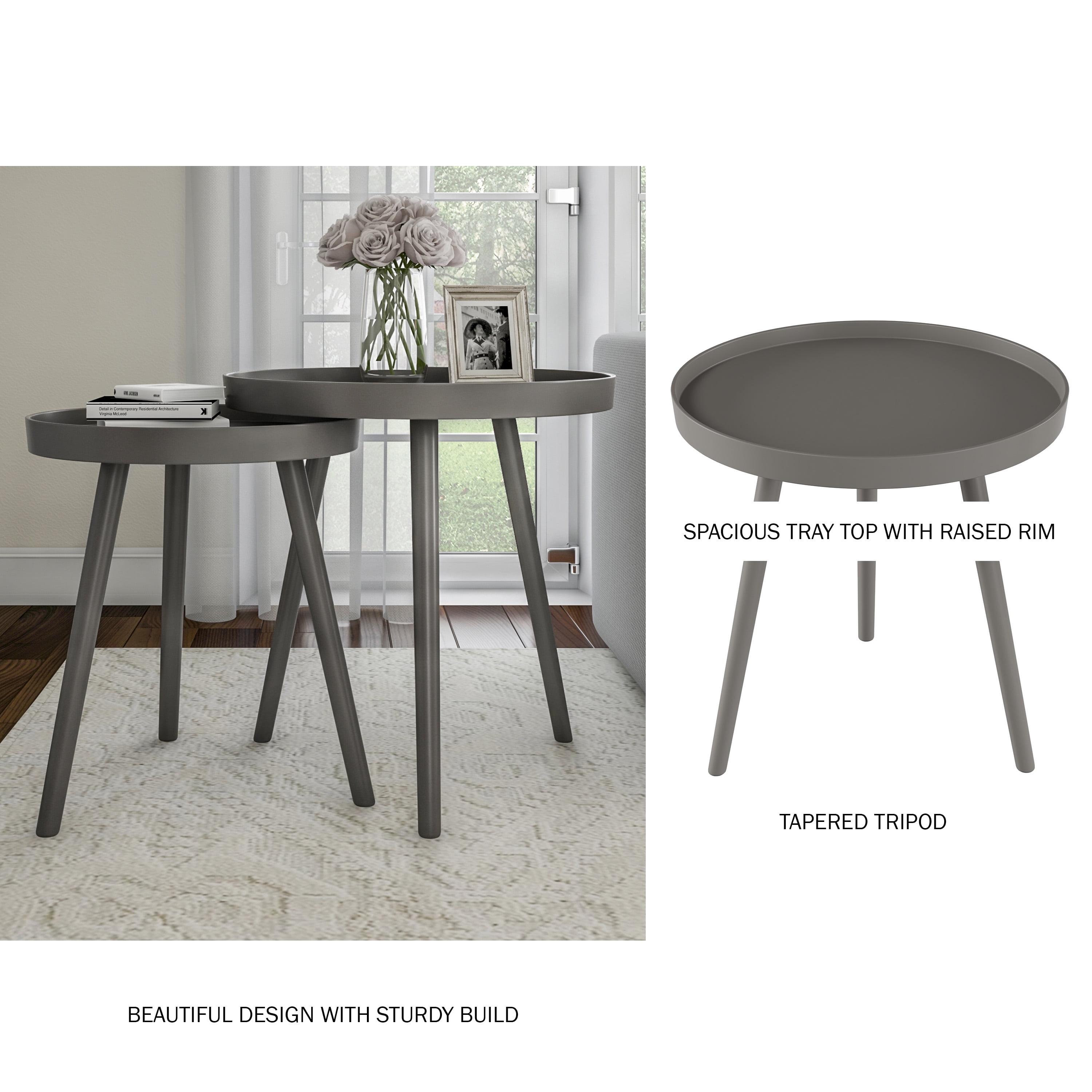 Lavish Home Set of 2 Round Nesting End Tables with Tray Tops, Gray - Image 6