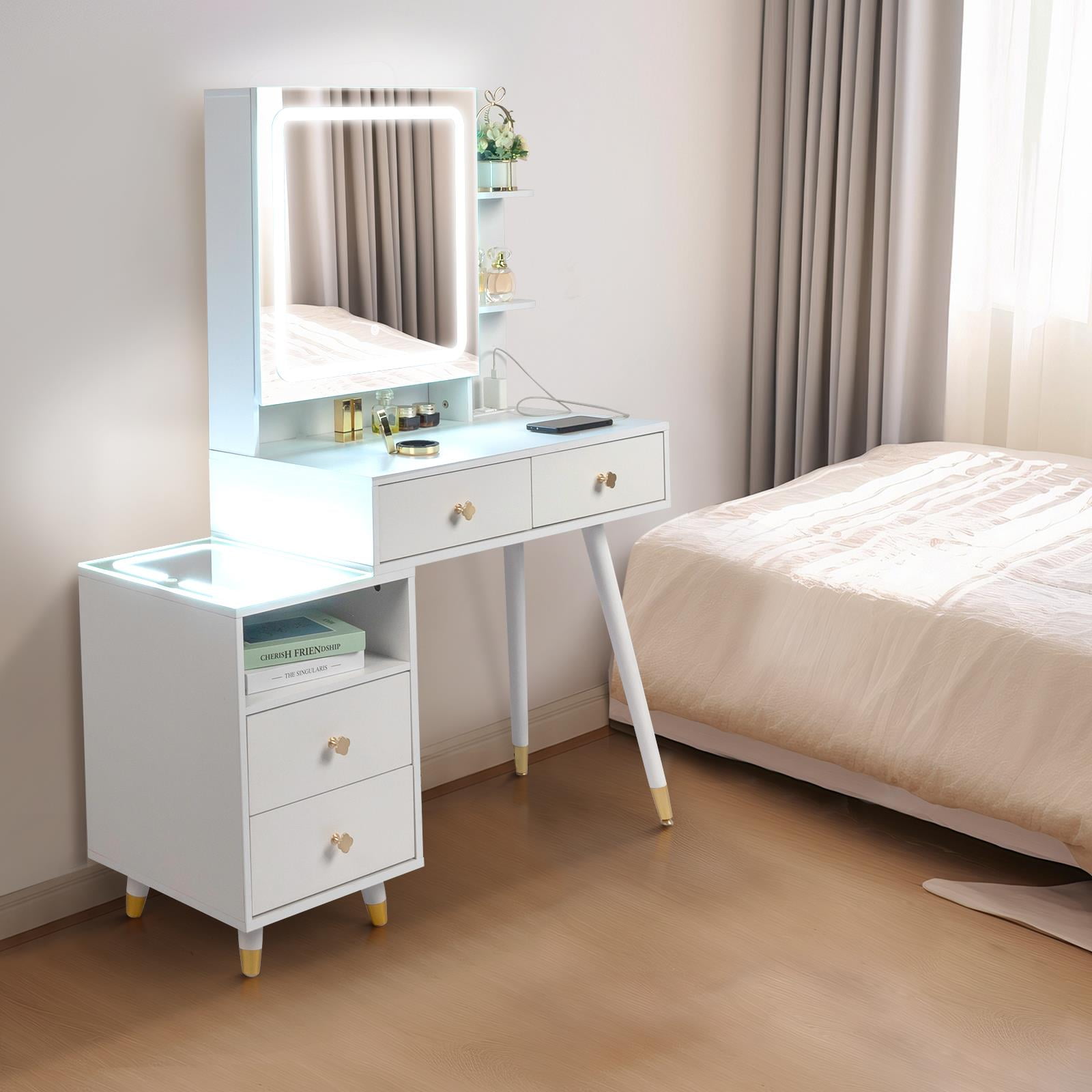 Ktaxon 3 Color Lighted Vanity Table Set, Makeup Table with LED Nightstand, Dressing Table with USB Charging Station, Women, Female Bedroom, White - Image 3