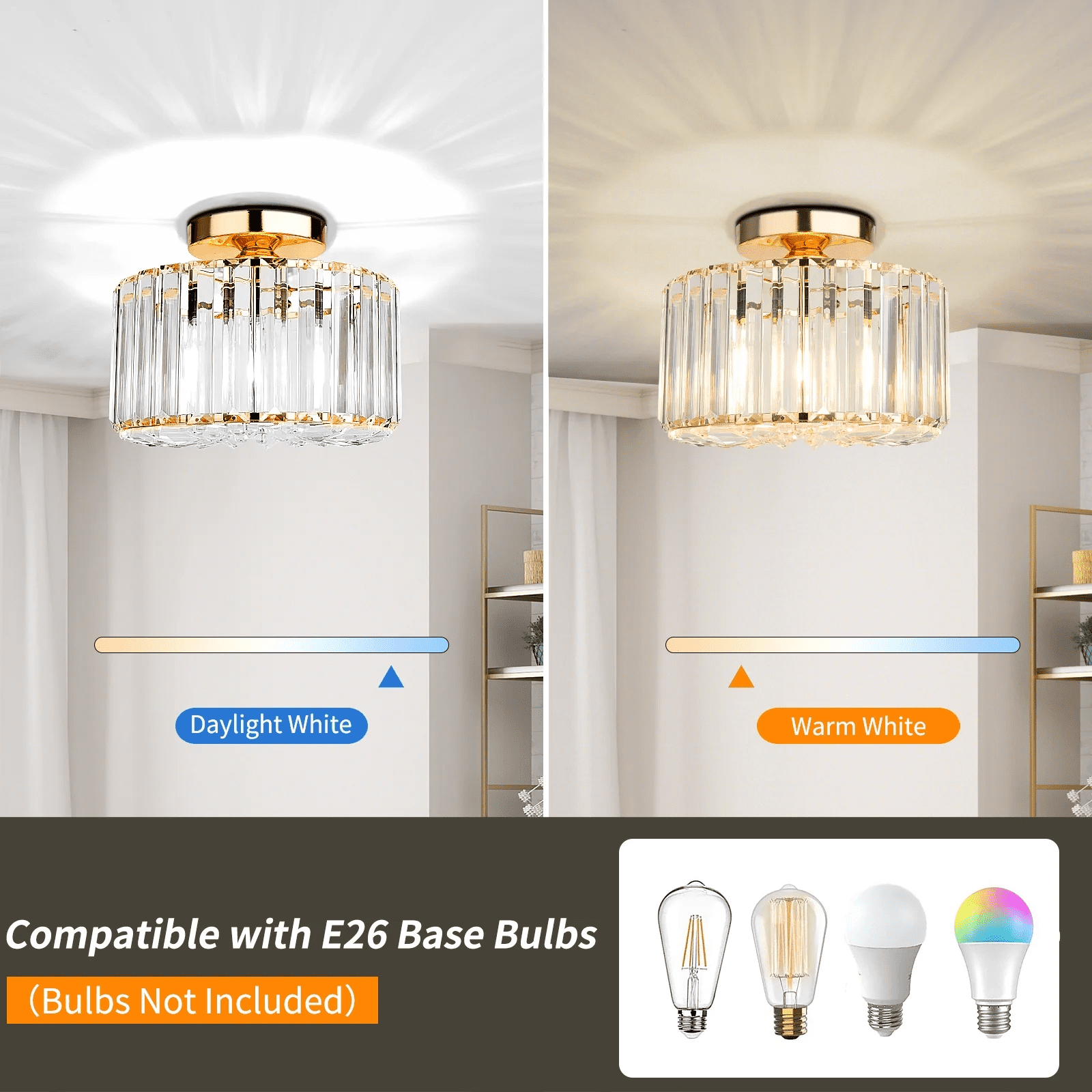 Frideko Home Crystal Ceiling Light Fixture, 9" Gold Modern Semi Flush Mount Ceiling Light, E26 Base for Light Bulbs, Crystal Chandelier for Kitchen Bedroom Bathroom Hallway (Bulb not Included) - Image 2
