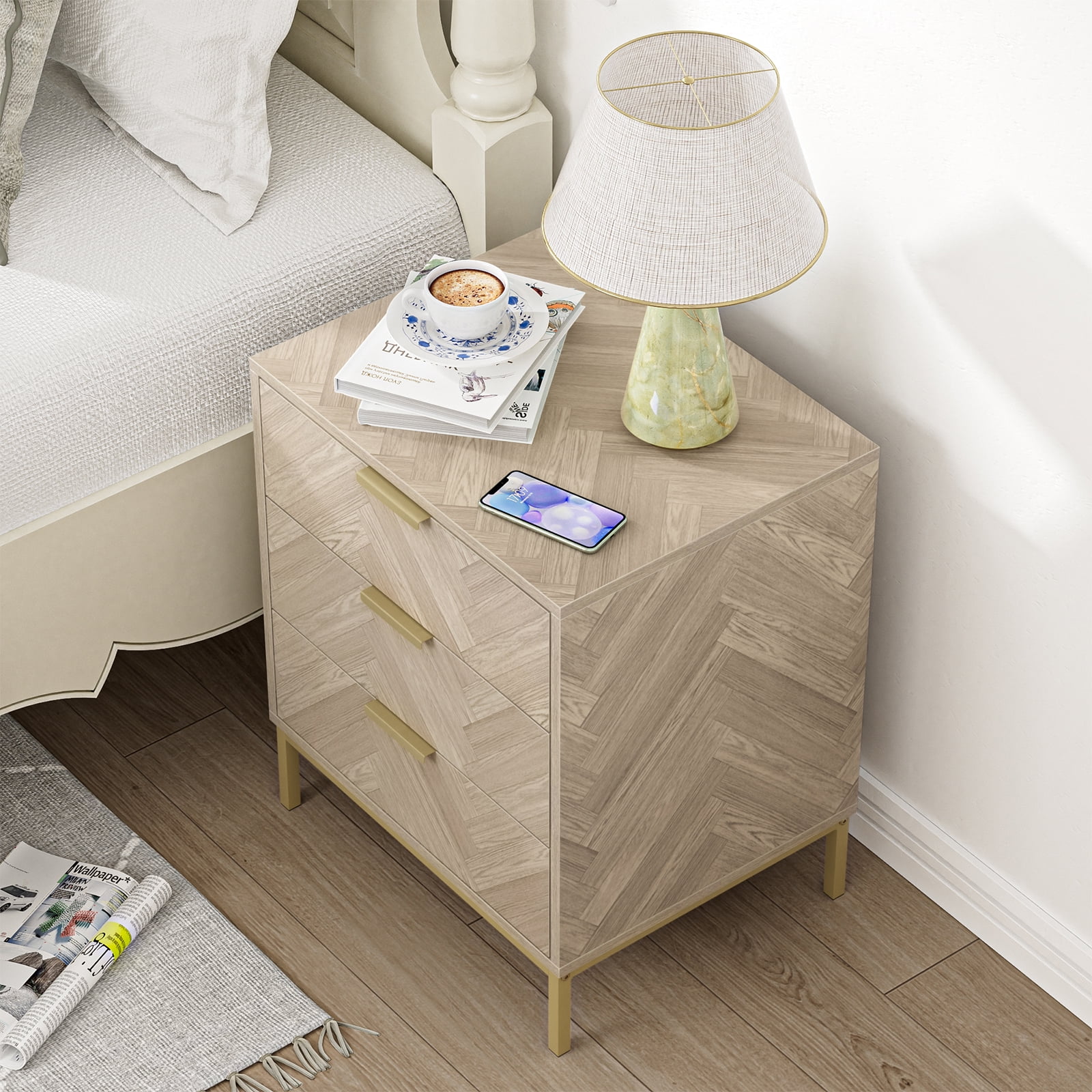 Eumyviv Wood 3 Drawer Nightstand, Herringbone Beside Table Farmhouse Side Table for Bedroom Living Room, Natural Oak H0099 - Image 9