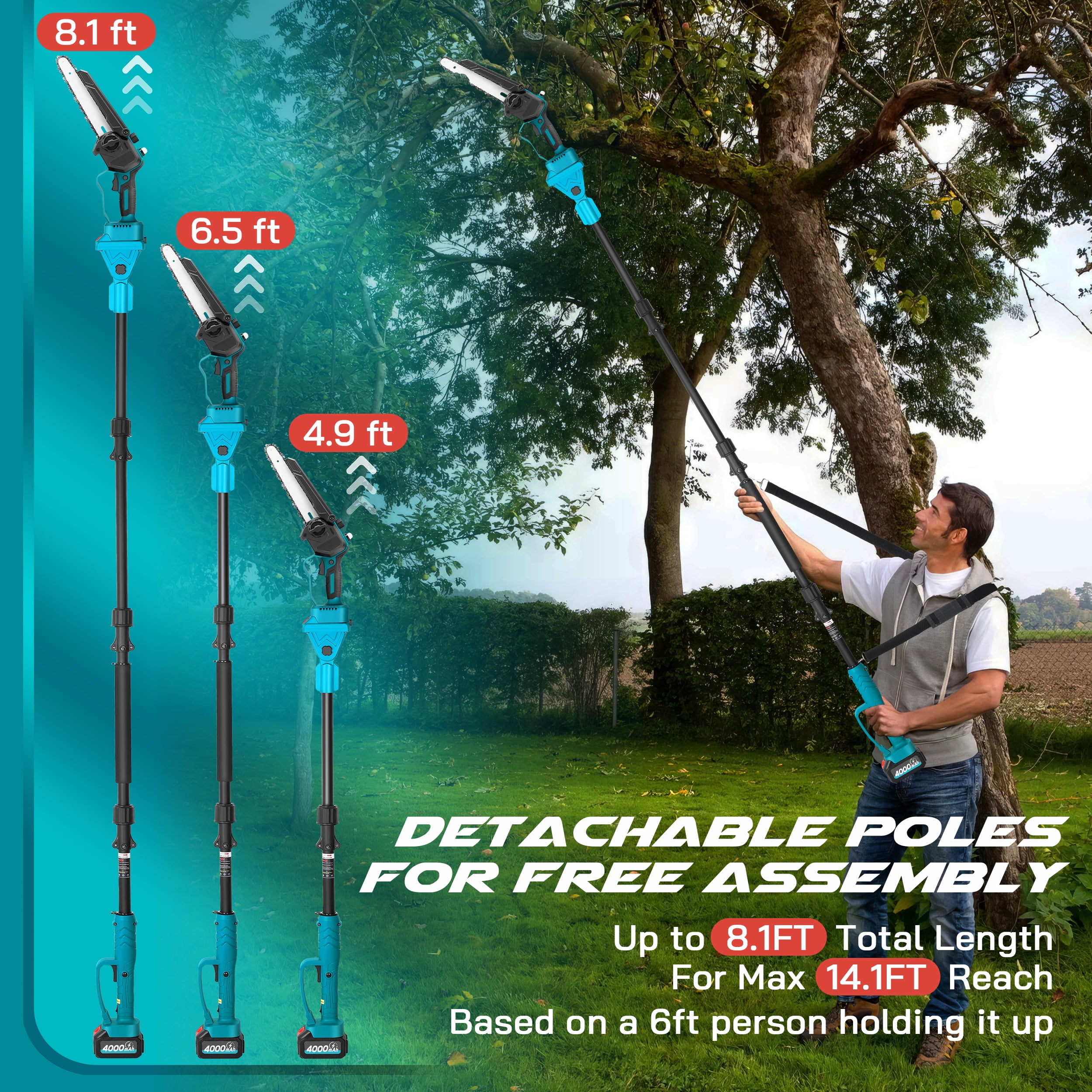 RELOIVE 2-in-1 Brushless Pole Saw & 8" Chainsaw, 21V 4000mAh 14.1ft Cordless for Tree Trimming/Wood Cutting - Image 3