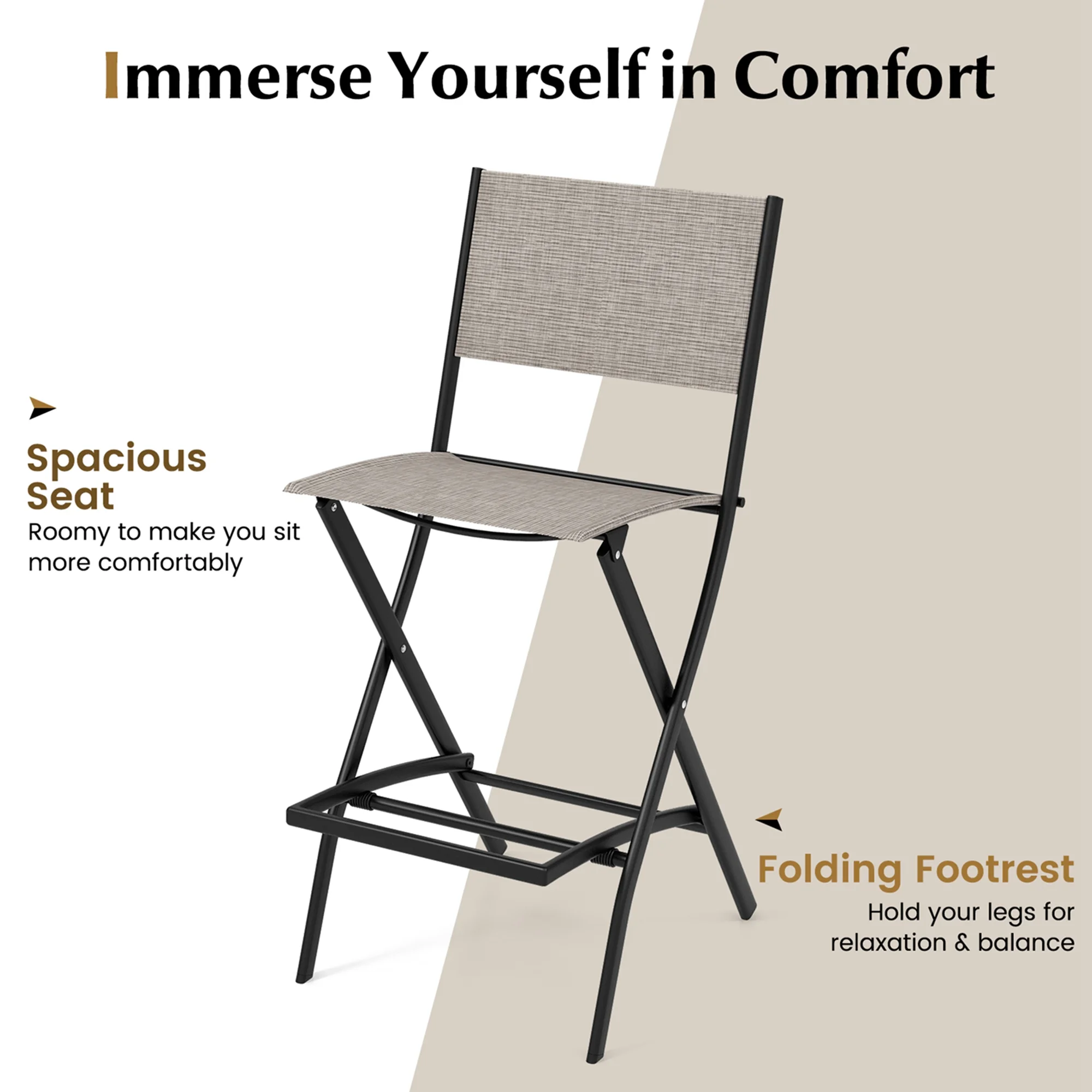 Costway Set of 2 Outdoor Bar Chair Folding Bar Height Stool with Metal Frame Coffee - Image 4