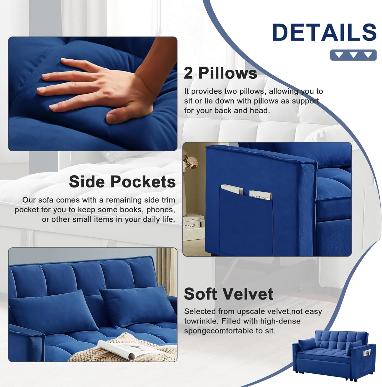 DEALTOPS Loveseat Sleeper Sofa Bed, Pull-Out Couch - Full Size Blue - Image 2