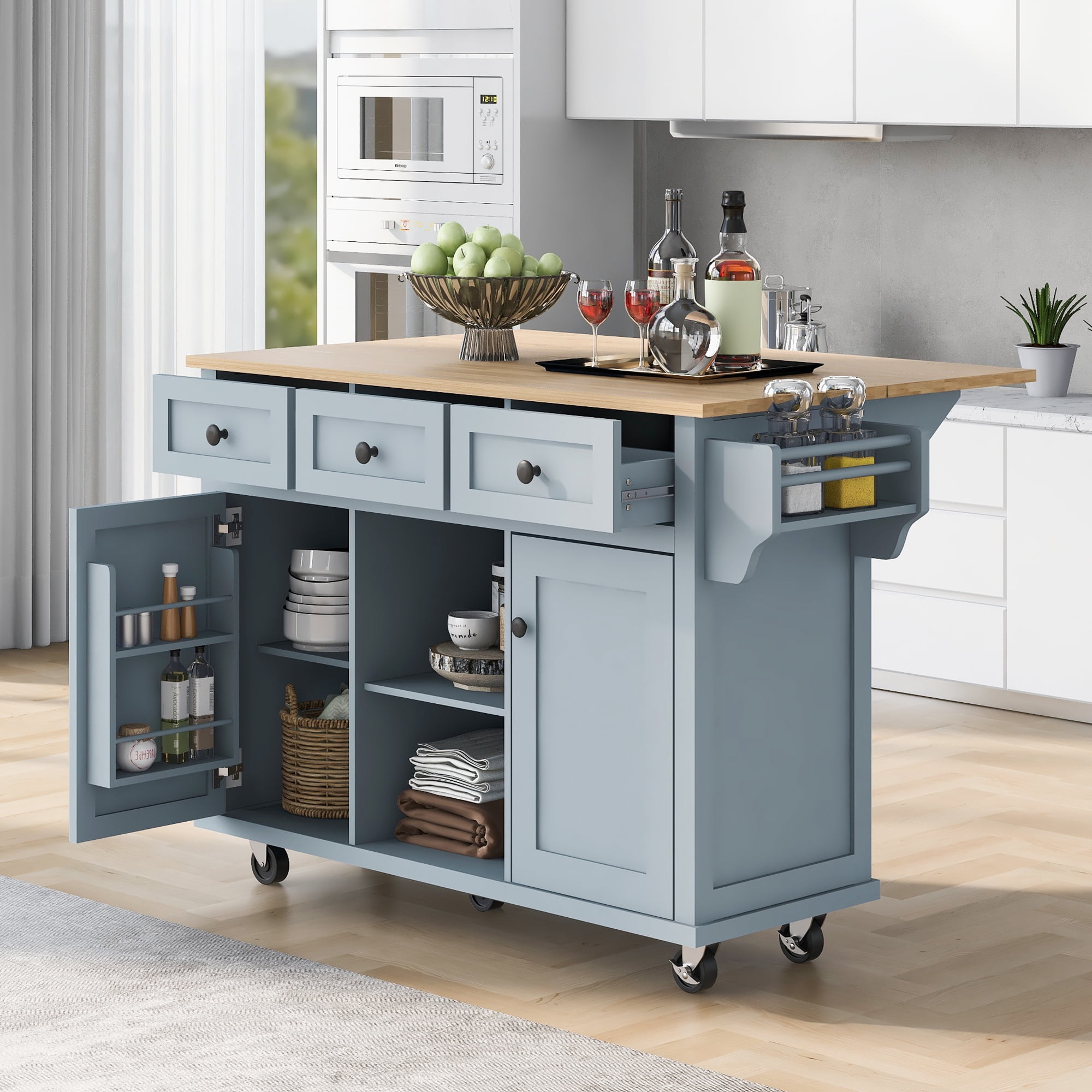 DEALTOPS Kitchen Island Cart with wheels and Rubber wood Drop-Leaf Countertop,Cabinet door internal storage racks,Kitchen Island on 5 Wheels with Storage Cabinet & 3 Drawers for Dinning Room-Blue - Image 4