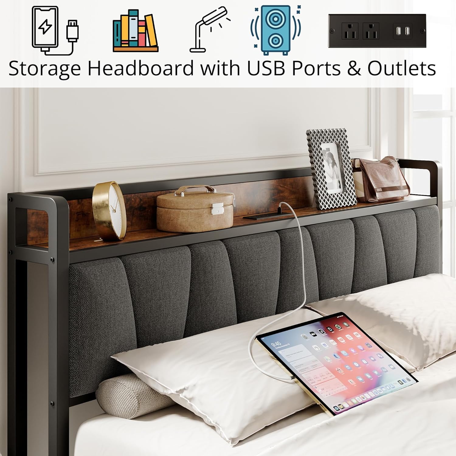 LIKIMIO Full Bed Frame, Storage Headboard with Charging Station, Solid and Stable, Noise Free, No Box Spring Needed, Easy Assembly - Image 3