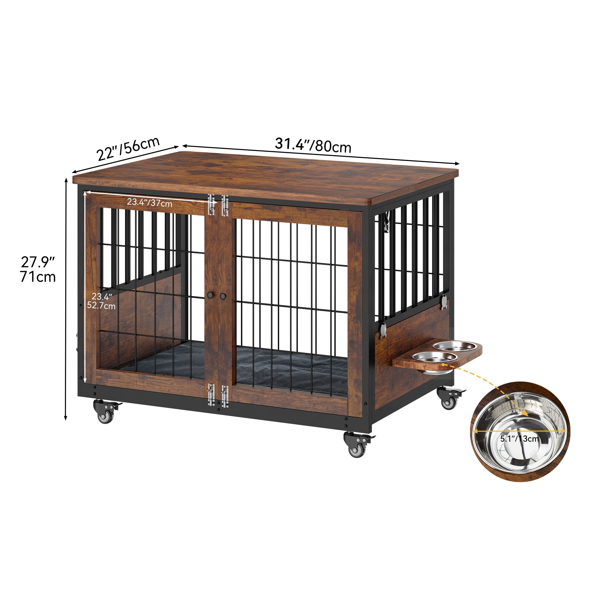 Uforic 32 inch Wooden Dog Crate Furniture,Double-Doors Kennel Indoor with Divider and 2 swirling bowls,End Table Dog Crate for Small Medium Dogs, 31.4"L x 22"W x 27.9"H, Dark Brown - Image 2