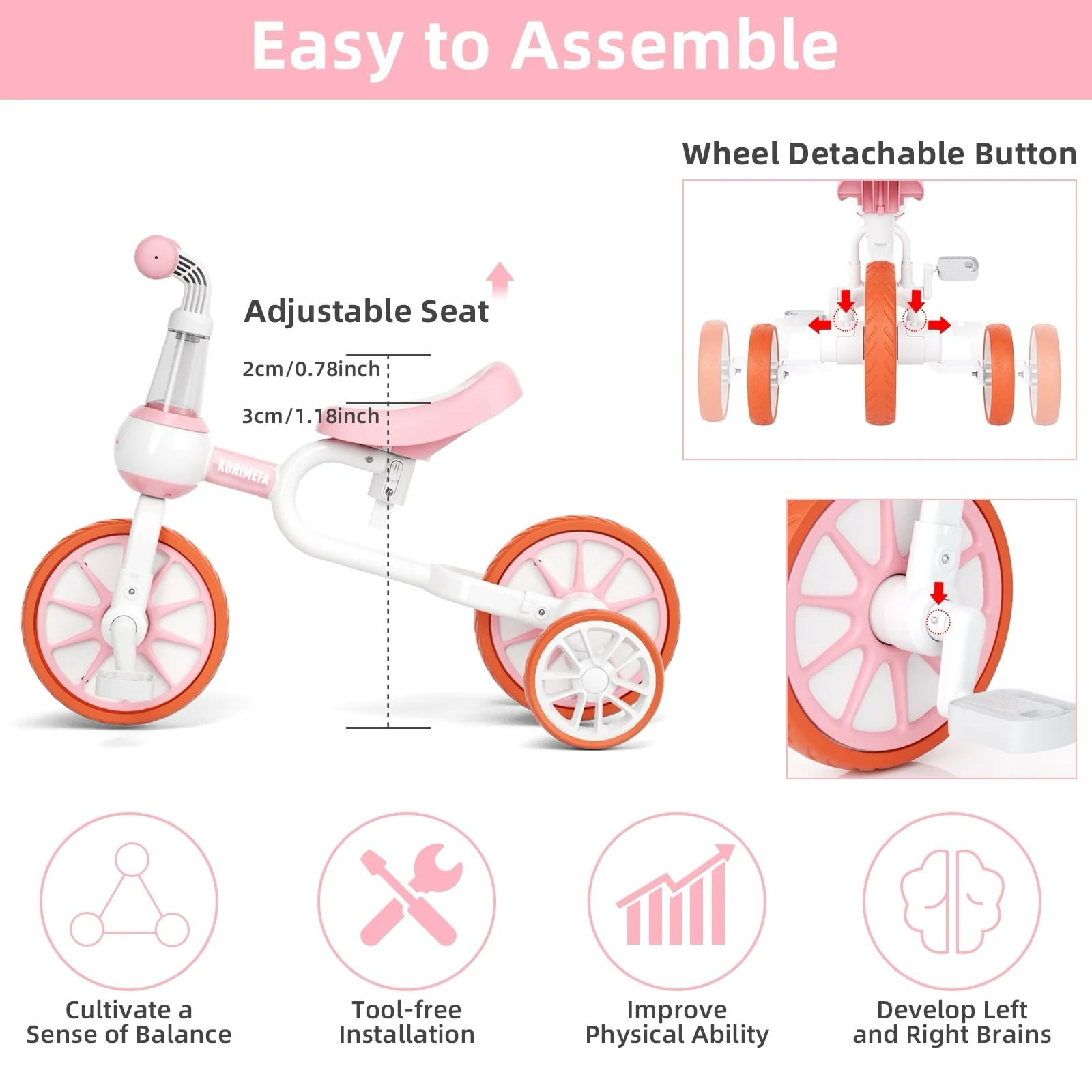 KORIMEFA 3-in-1 Kids Tricycle, Toddler Bike for Ages 1-4 Boy Girl, Pink - Image 9