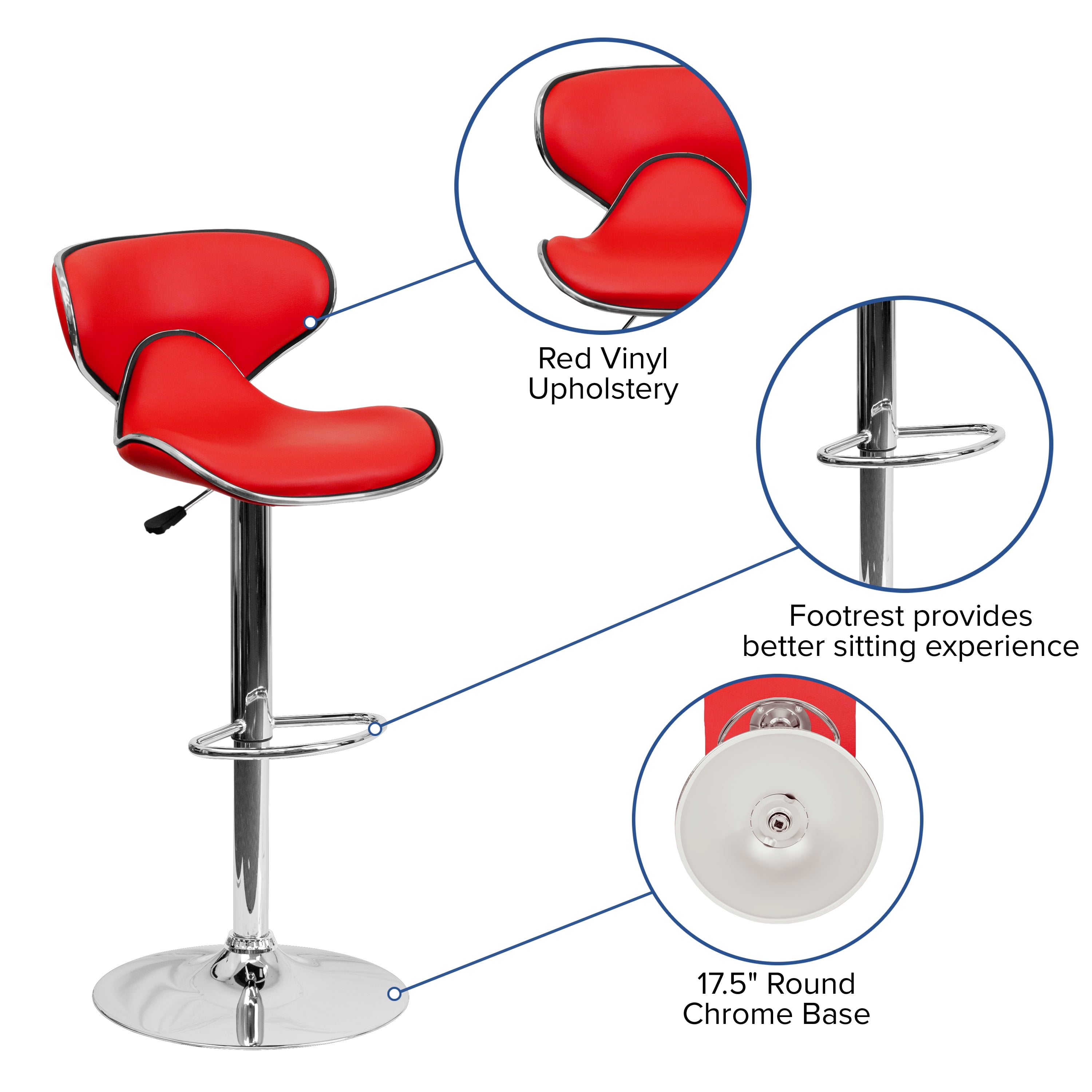 Flash Furniture Devin Contemporary Cozy Mid-Back Red Vinyl Adjustable Height Barstool with Chrome Base - Image 3