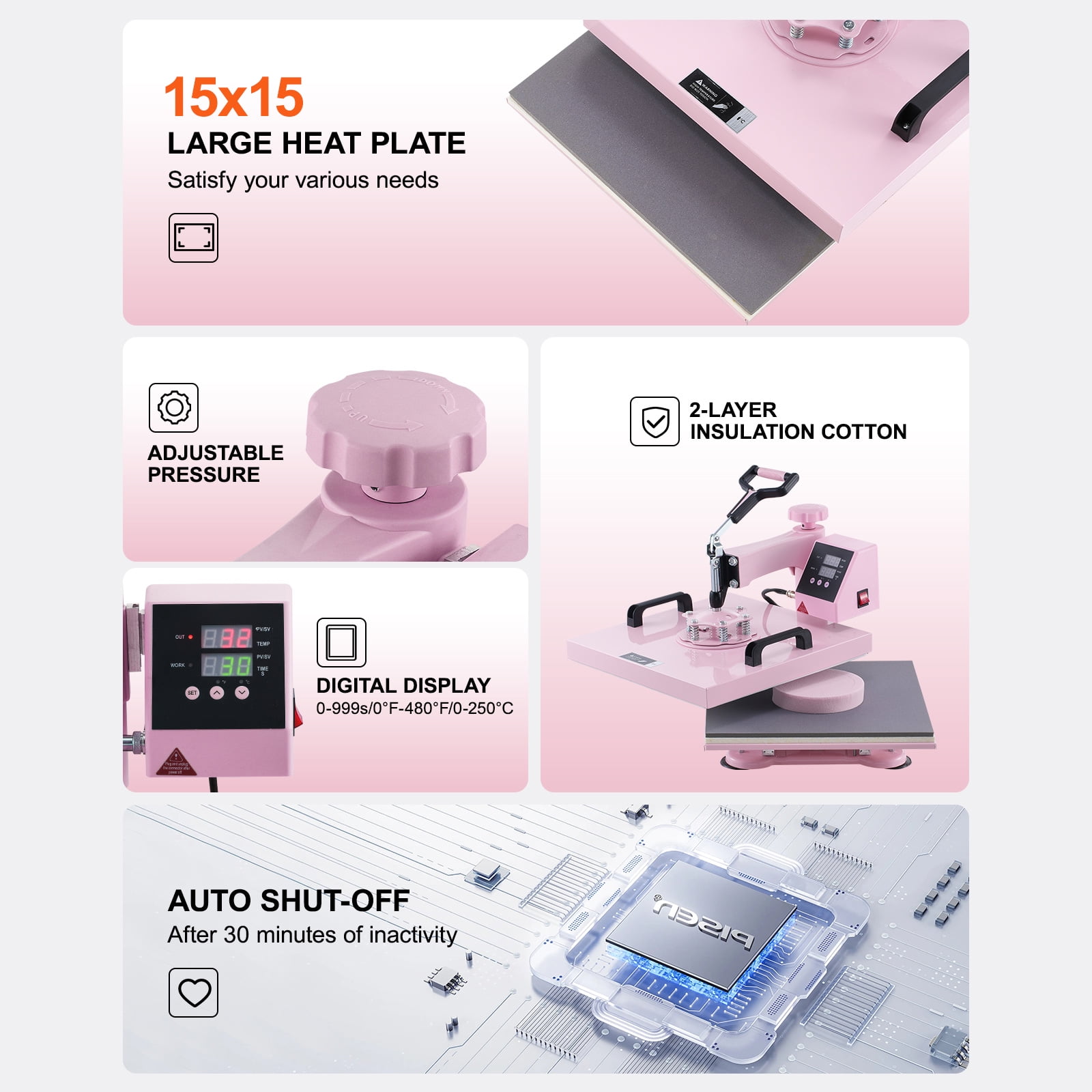 SKYSHALO Heat Press, 15x15 inch, 5-in-1 Transfer Tool with 30 oz Cup Press, Swivels 360° for T-Shirt/Mug/Hat/Plate Crafting, Digital Control, Pink - Image 2