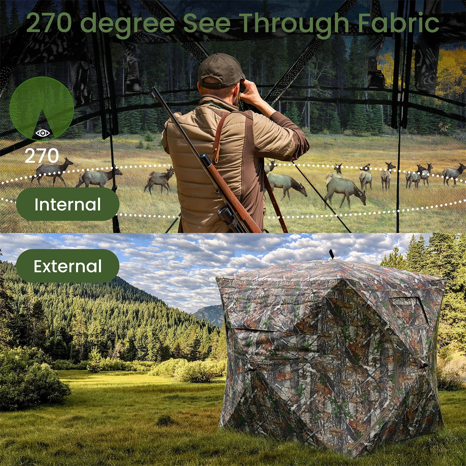 SUNOYAR Hunting Blind, 270° See Through Ground Blind, 2-3 Person 200D Pop up Hunting Tent, Portable Deer Blind with Carrying Bag&Silent Window for Deer and Turkey Hunting, Camouflage - Image 4