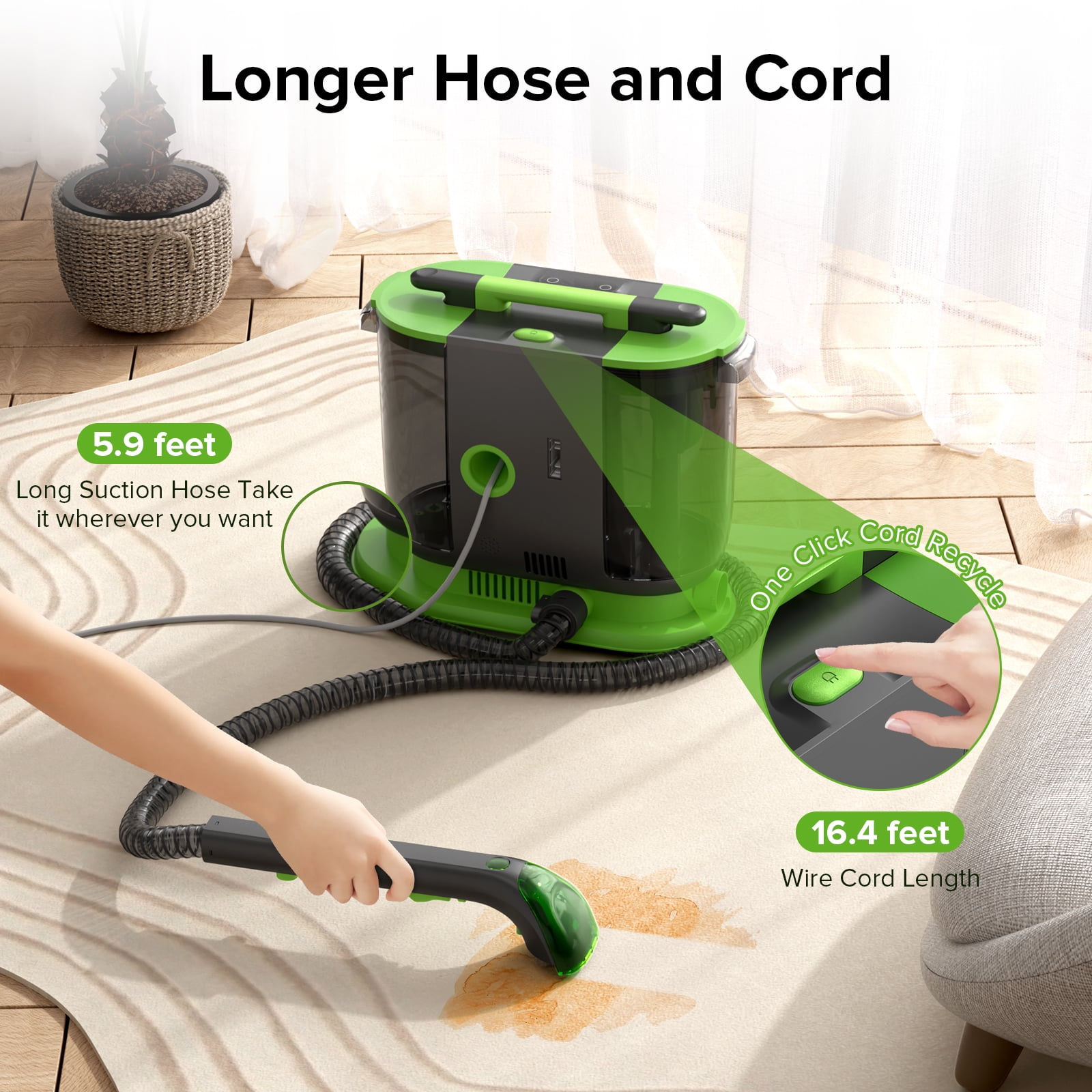 PrettyCare Portable Carpet Shampooer,Upholstery Cleaner,14Kpa Strong Suction Carpet Cleaner Machine,500W Powerful Motor - Image 2