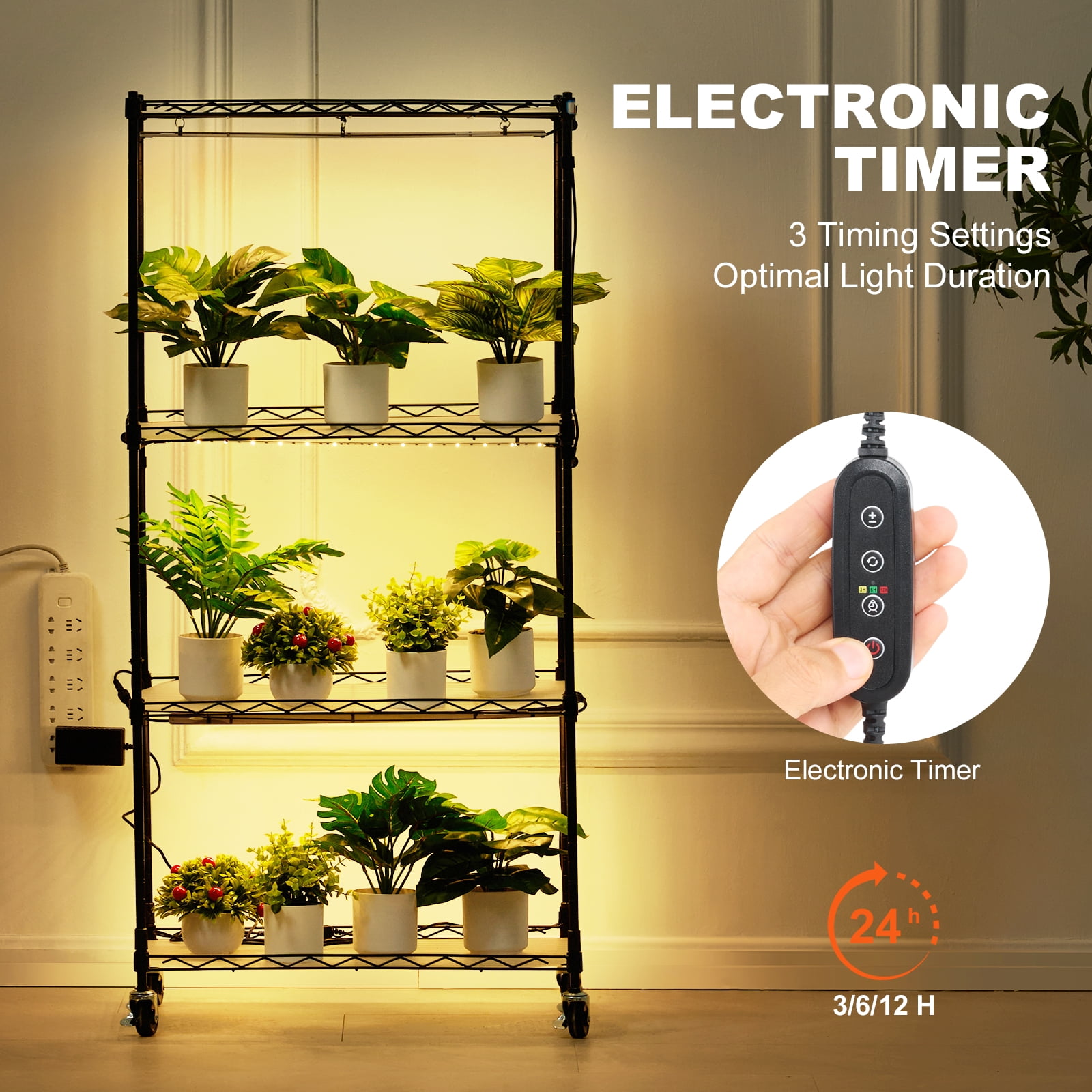 KFFKFF Metal Plant Rack with Integrated 45W Lighting, 4-Level, Adjustable 3 Spectrum Modes, Includes Timer, Ideal for Seed Germination, Measures 23.6" L x 13.8" W x 49.8" H - Image 2