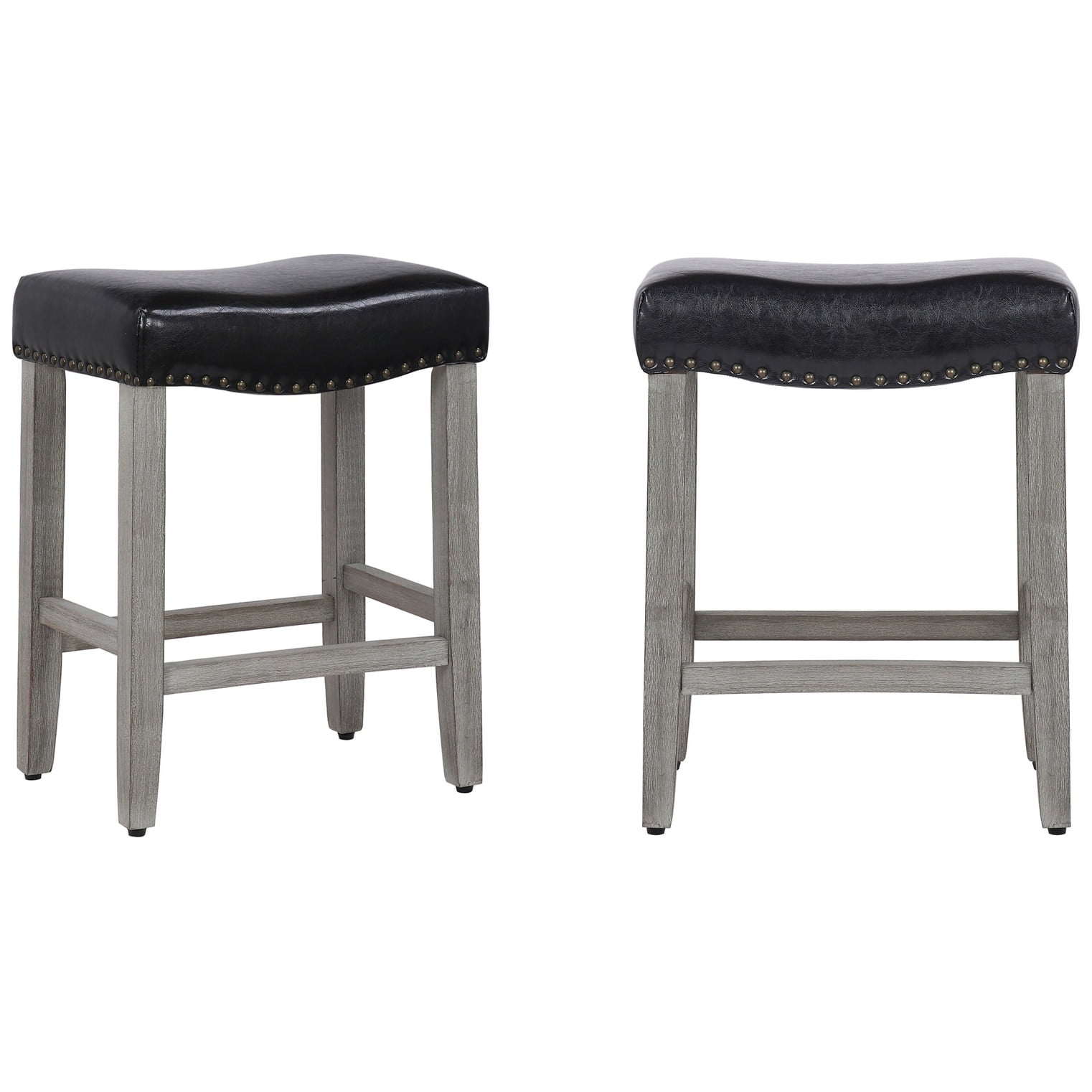 24" Inch Upholstered Saddle Seat Bar Stool (Set of 2), Antique Gray/Leather - Image 2