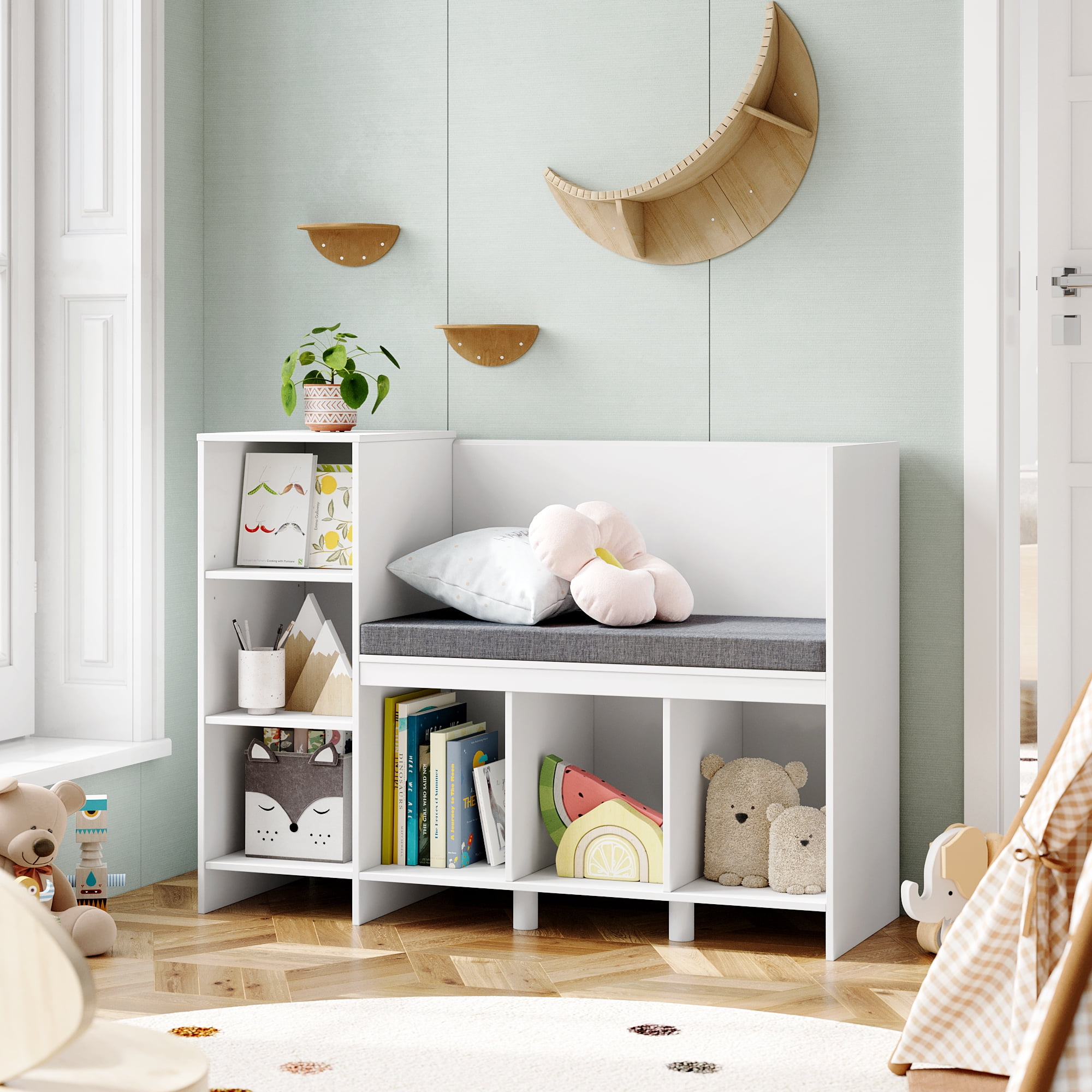 Homfa 6 Storage Cube Organizer, Open Toy Display Bookshelf with Seat for Kids Room, White Finish - Image 4