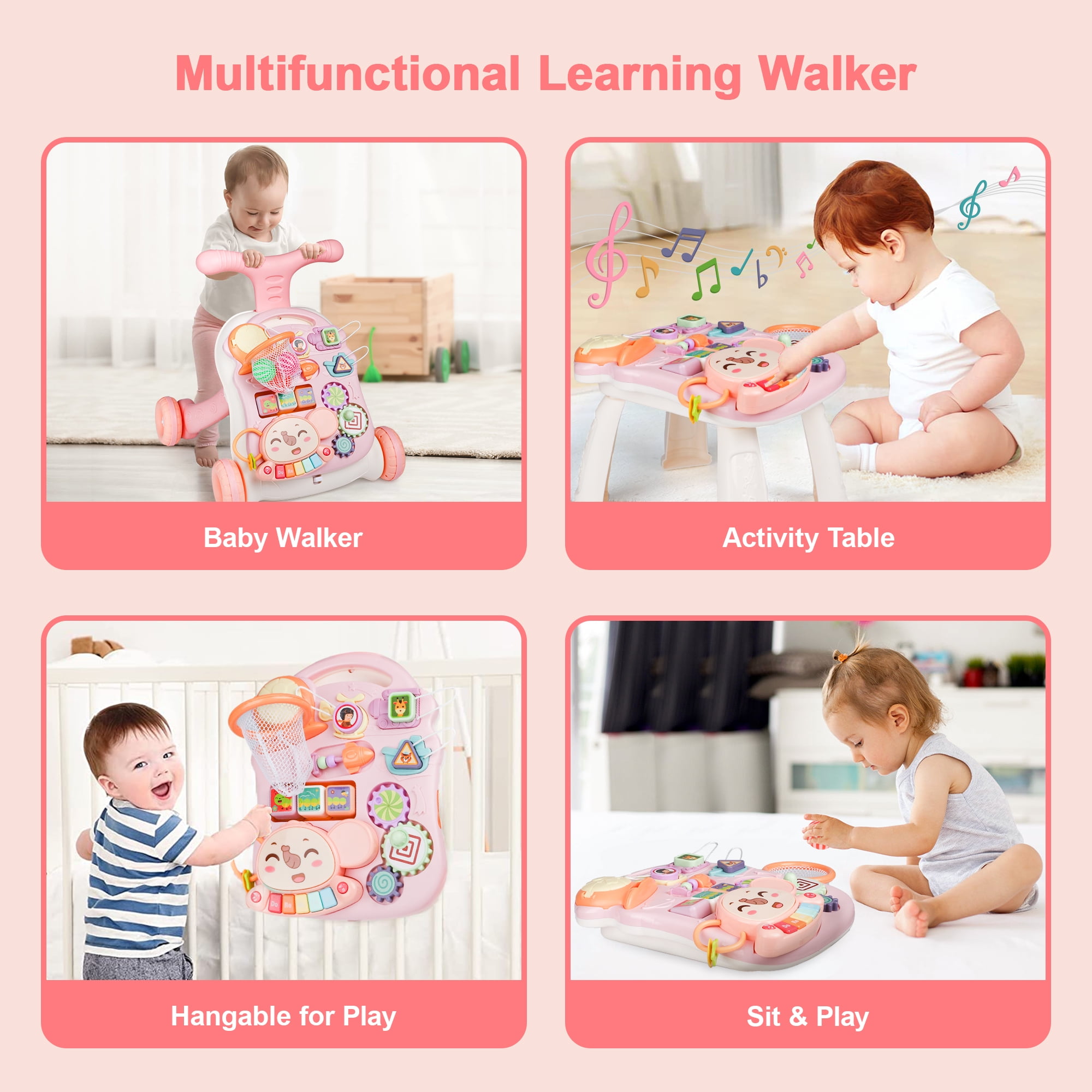 Hot Bee 3-in-1 Baby Walker and Learning Table Center, Perfect Learning Toys Christmas Baby Toy Gift for Infants 6-12 Months, 17.3 Inch Perfect for Early Development & Playtime for Girls Boys-Pink - Image 7