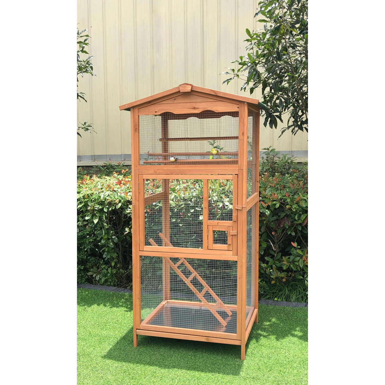 Hanover Outdoor Wooden Bird Cage with 3 Resting Bars, Ladder, Waterproof Roof and Removable Tray, 2.9 Ft. x 2.1 Ft. x 5.8 Ft. - Image 2