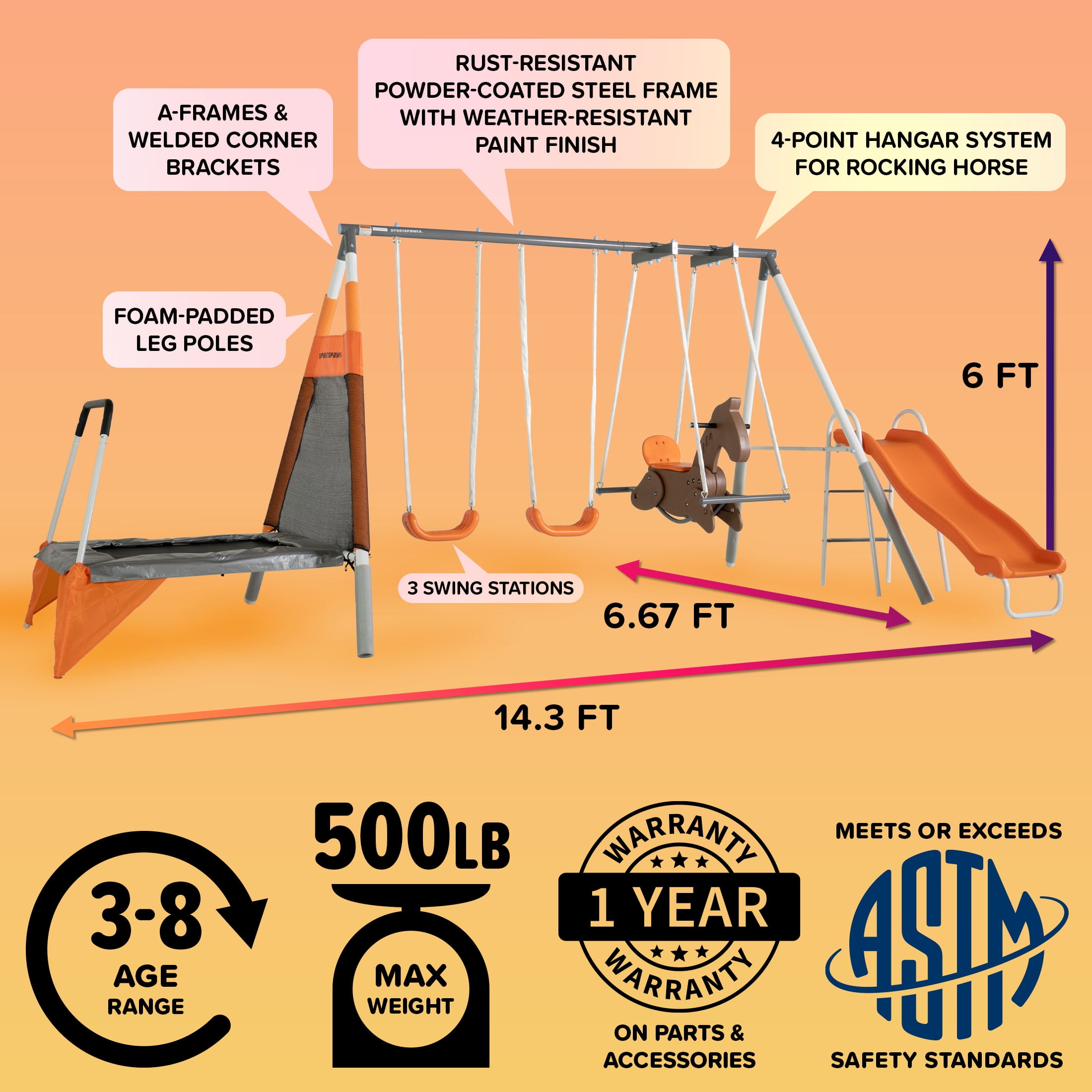 Sportspower Fairview Swing Set with 2 Swings, Rocking Horse, Mini Trampoline, Lifetime Warranty on Blow Molded Slide, and Bonus Anchor Kit - Image 4