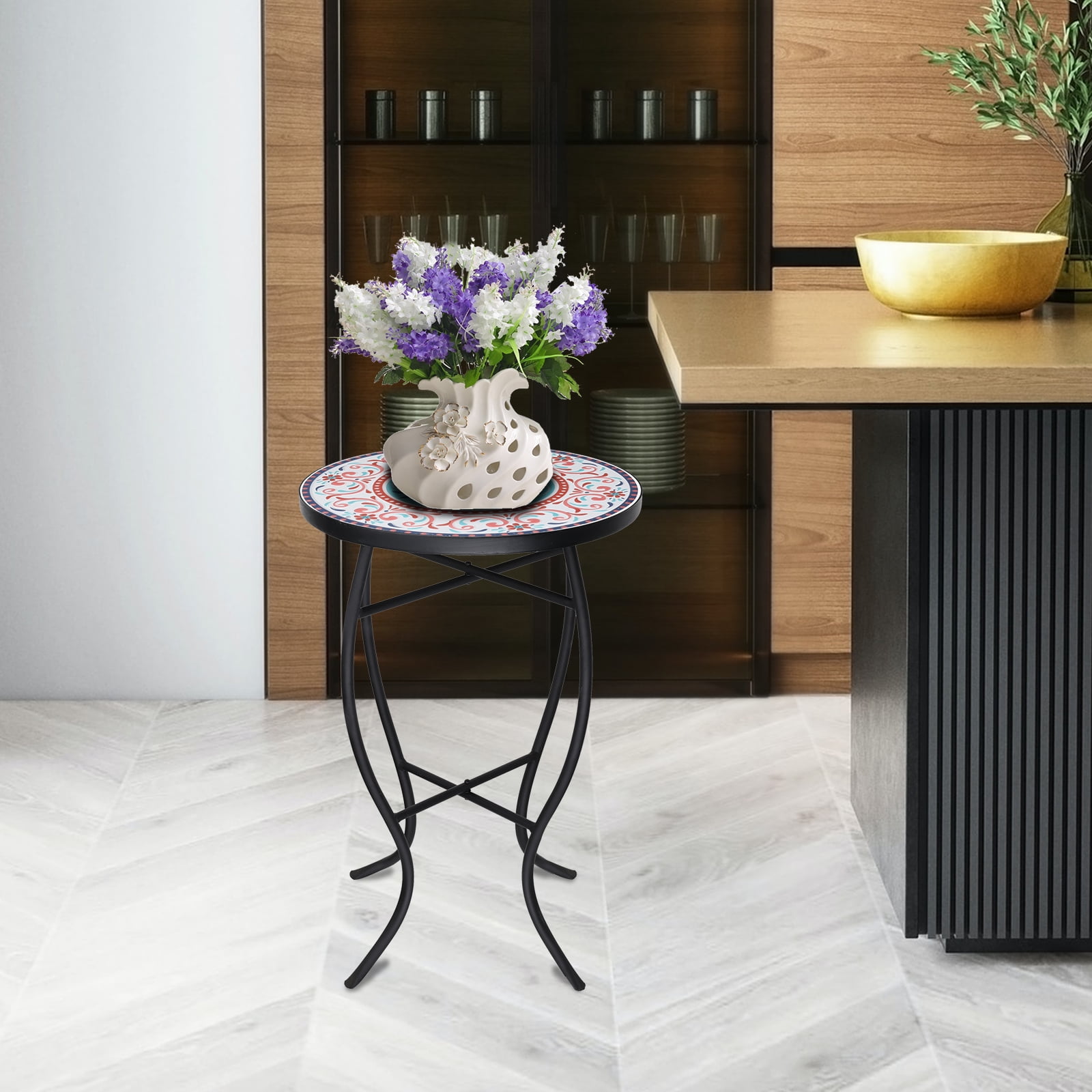 Outdoor Side Table-Patio End Table-14'' Round Accent Table Mosaic Glass Metal Side Table Garden Balcony Indoor Coffee Table - Image 5