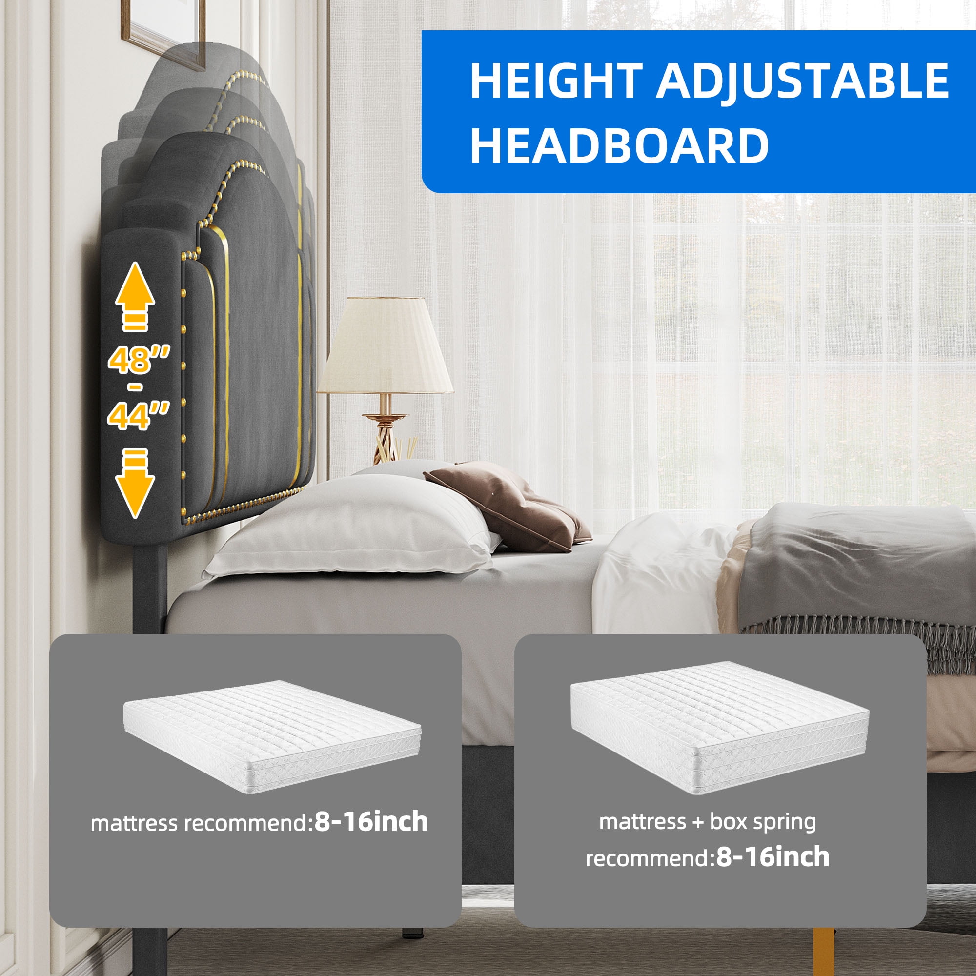 Dextrus Upholstered Wingback Bed Frame, King Size Platform Bed Frame, Gray - Image 3