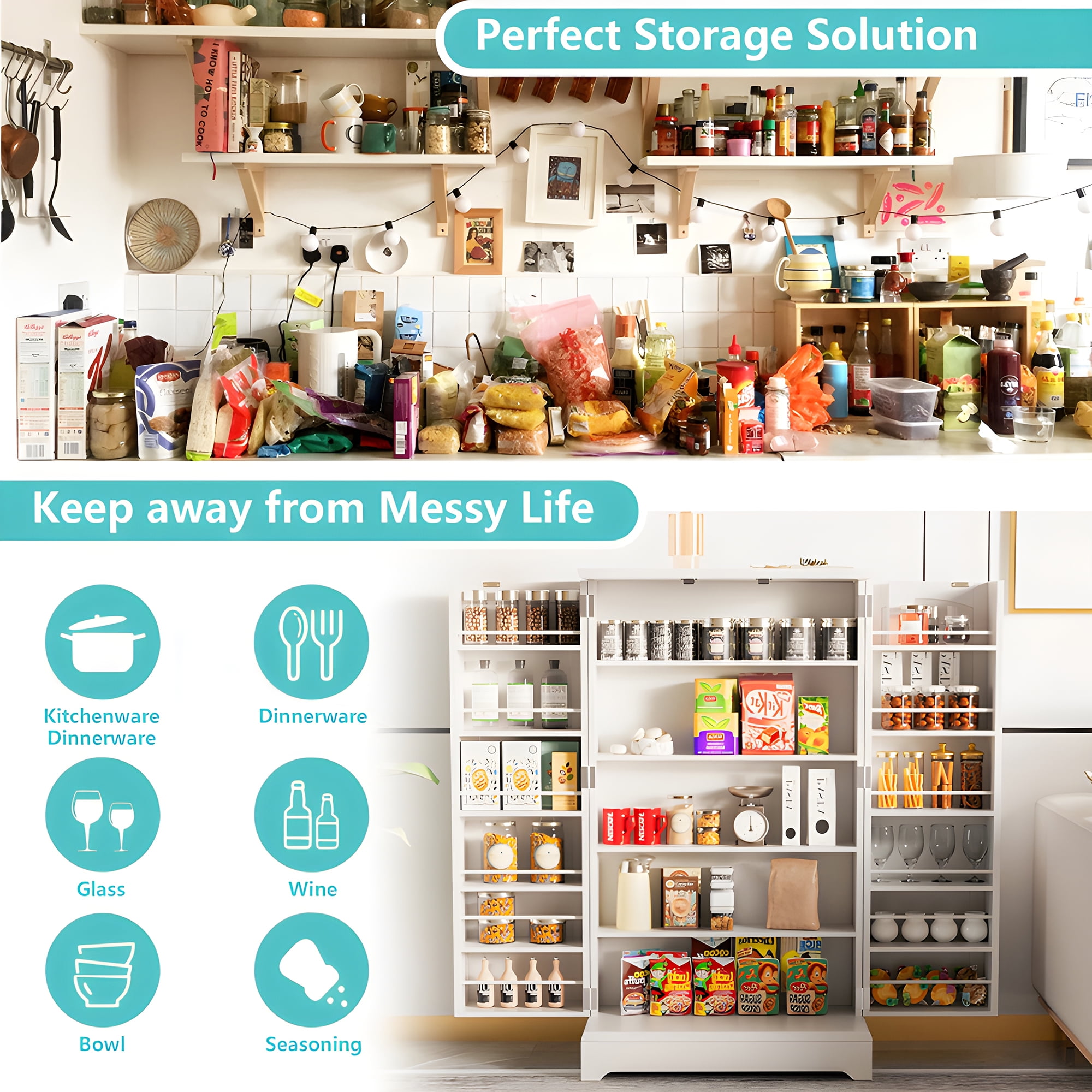 SUGIFT 41" White Kitchen Pantry Storage Freestanding Buffet Cupboards with Doors & Adjustable Shelves Pantry Organizers for Living Room and Dinning Room - Image 4