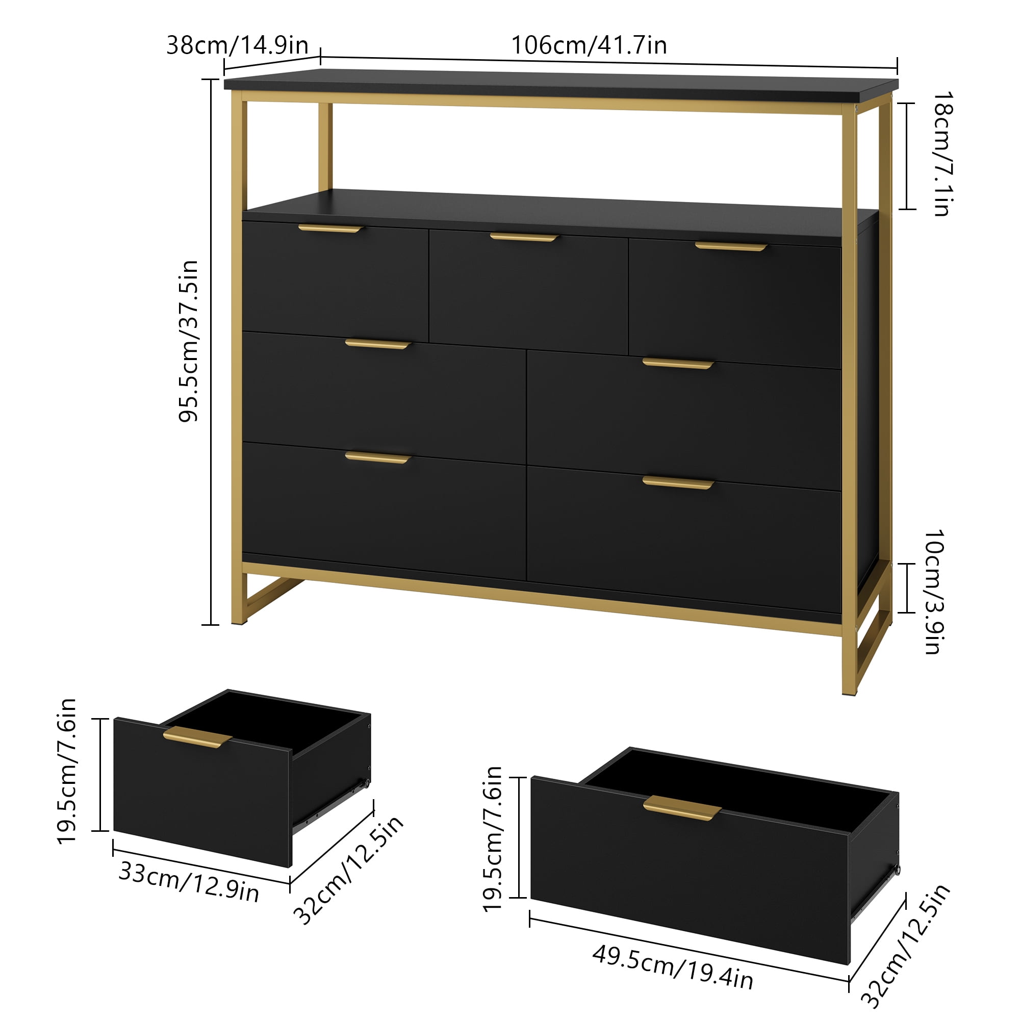 Homfa 7 Drawer Double Dresser for Bedroom, Modern 2 Tier Display Shlef Wood Storage Cabinet with Sturdy Metal Frame for Living Room Small Spaces, Black - Image 4