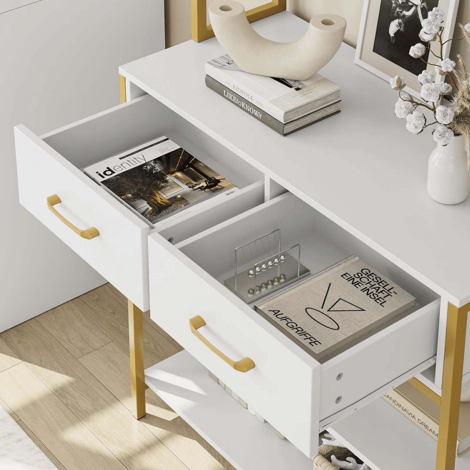 Homfa Gold Ladder Shelf with 2 Drawer, 5 Tier White Standard Bookcase for Homfa Office, Backer Racks for Kitchen - Image 9