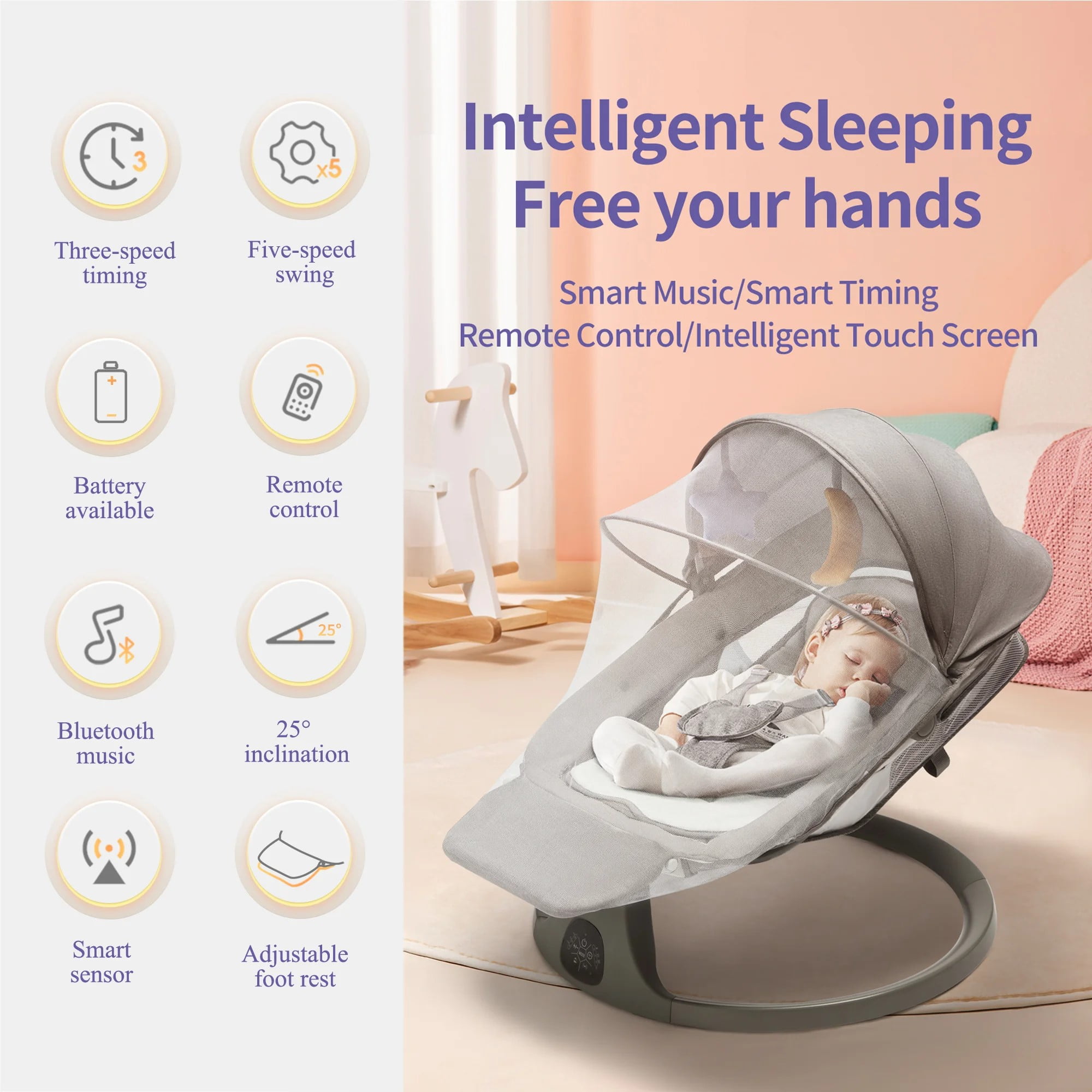 Electric Baby Swing with Footrest and Dinner Plate for Newborns Infants, Bluetooth Music, 5 Swing Speeds, Remote Control, Mosquito Net - Image 2