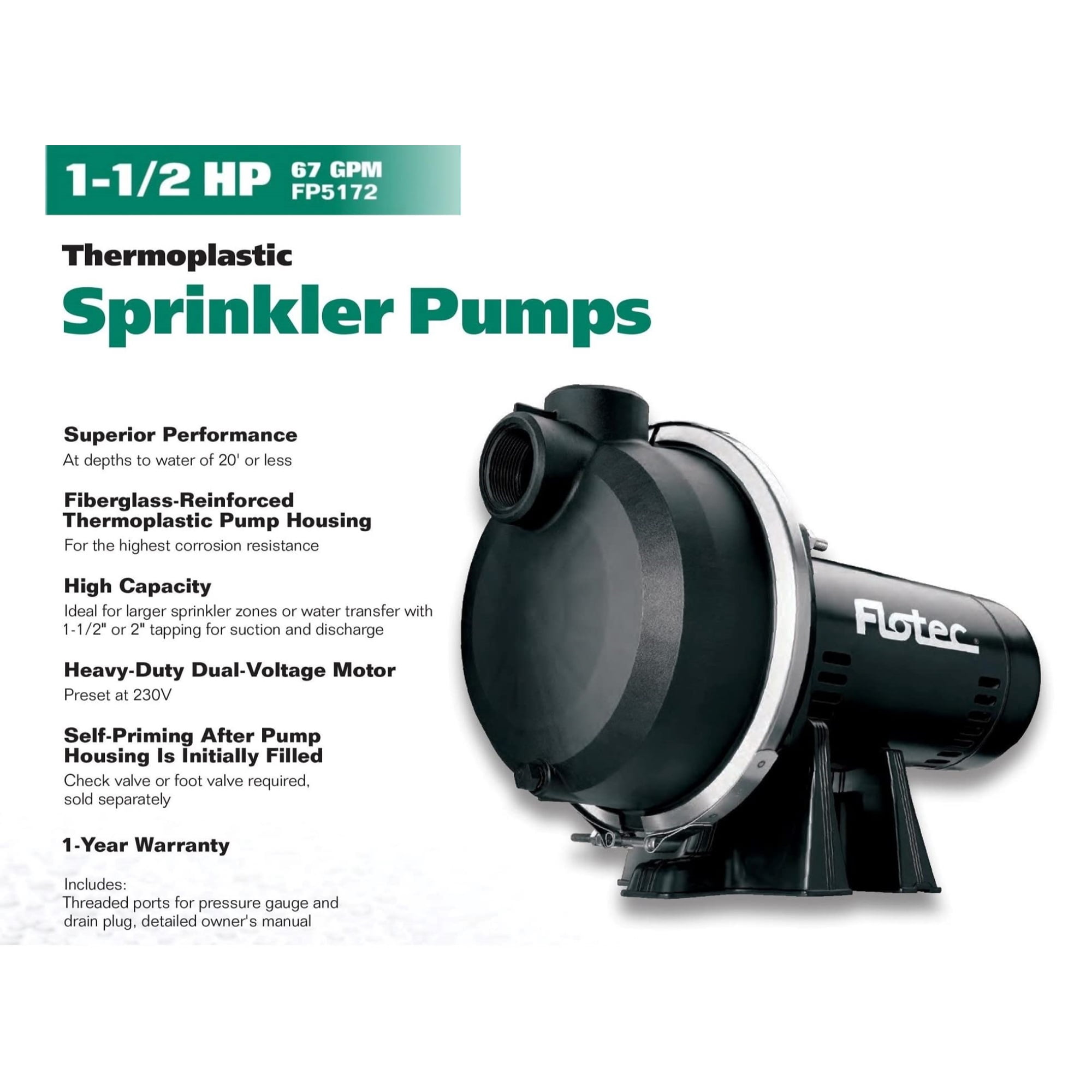 Pentair FP5172 Flotec 1.5 HP Corrosion Resistant Thermoplastic Sprinkler Pump - Image 2