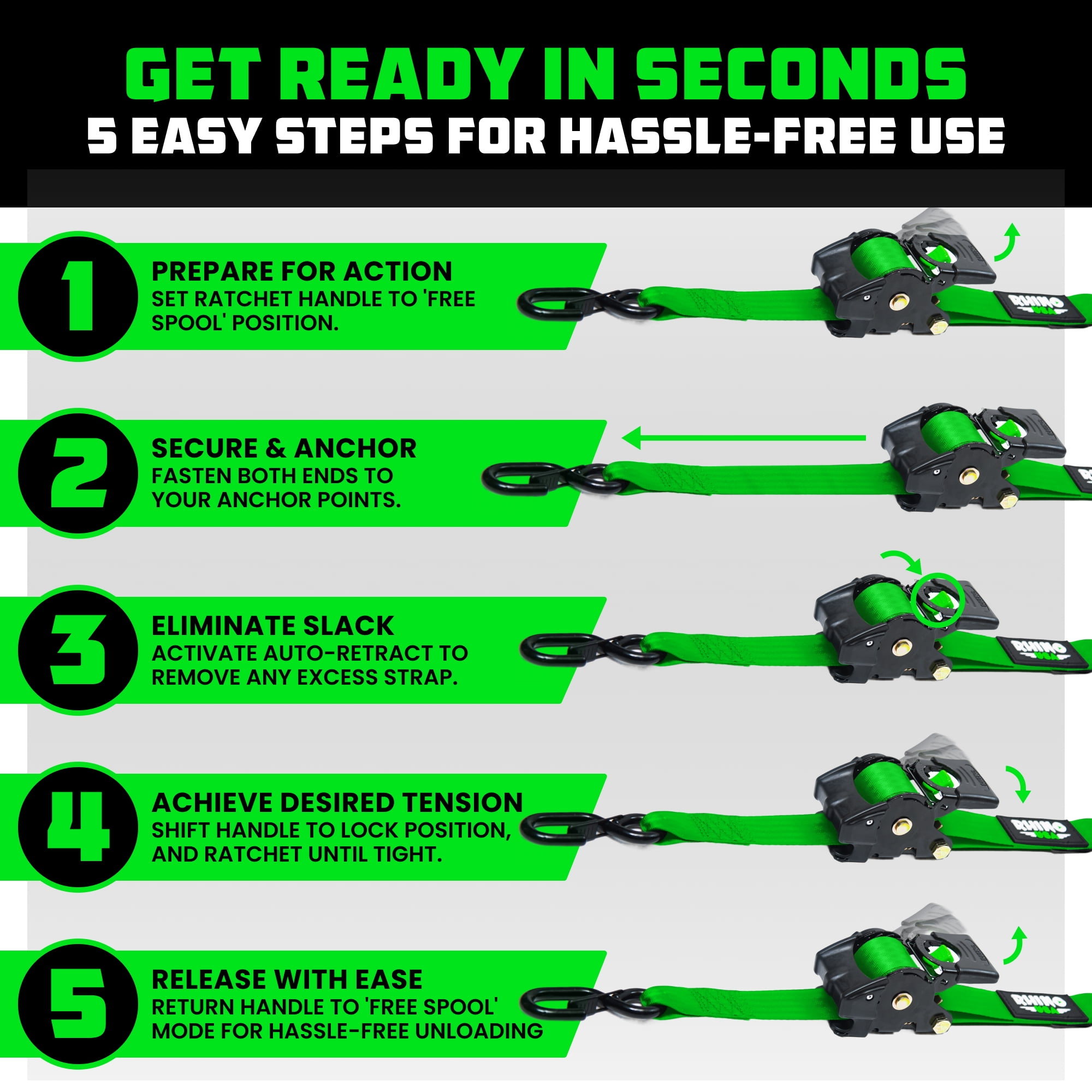 Rhino USA Heavy Duty 2" x 10' Retractable Ratchet Straps 3,033lb Break Strength (Green 2-Pack) - Image 4