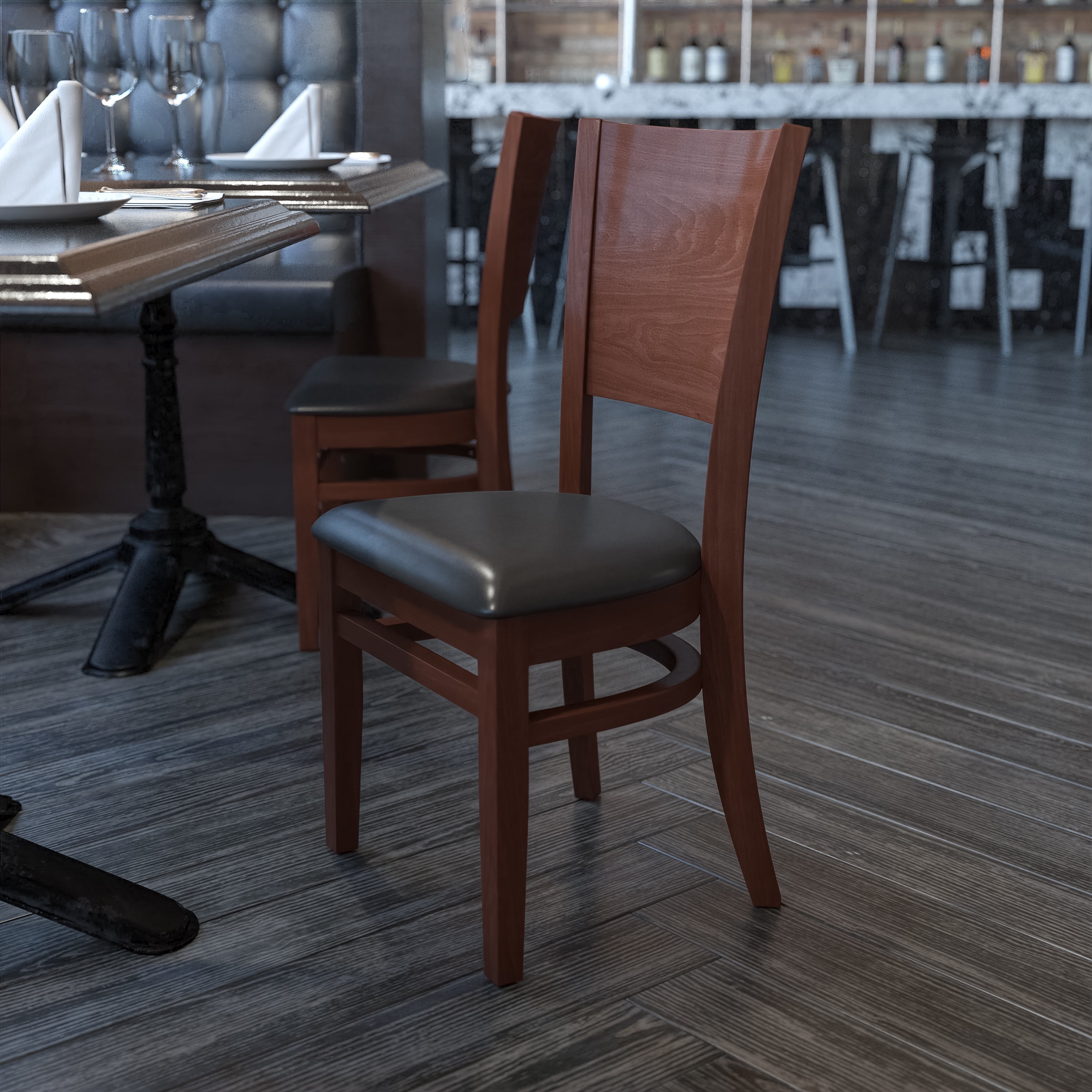 Flash Furniture Lacey Series Solid Back Walnut Wood Restaurant Chair - Black Vinyl Seat - Image 7