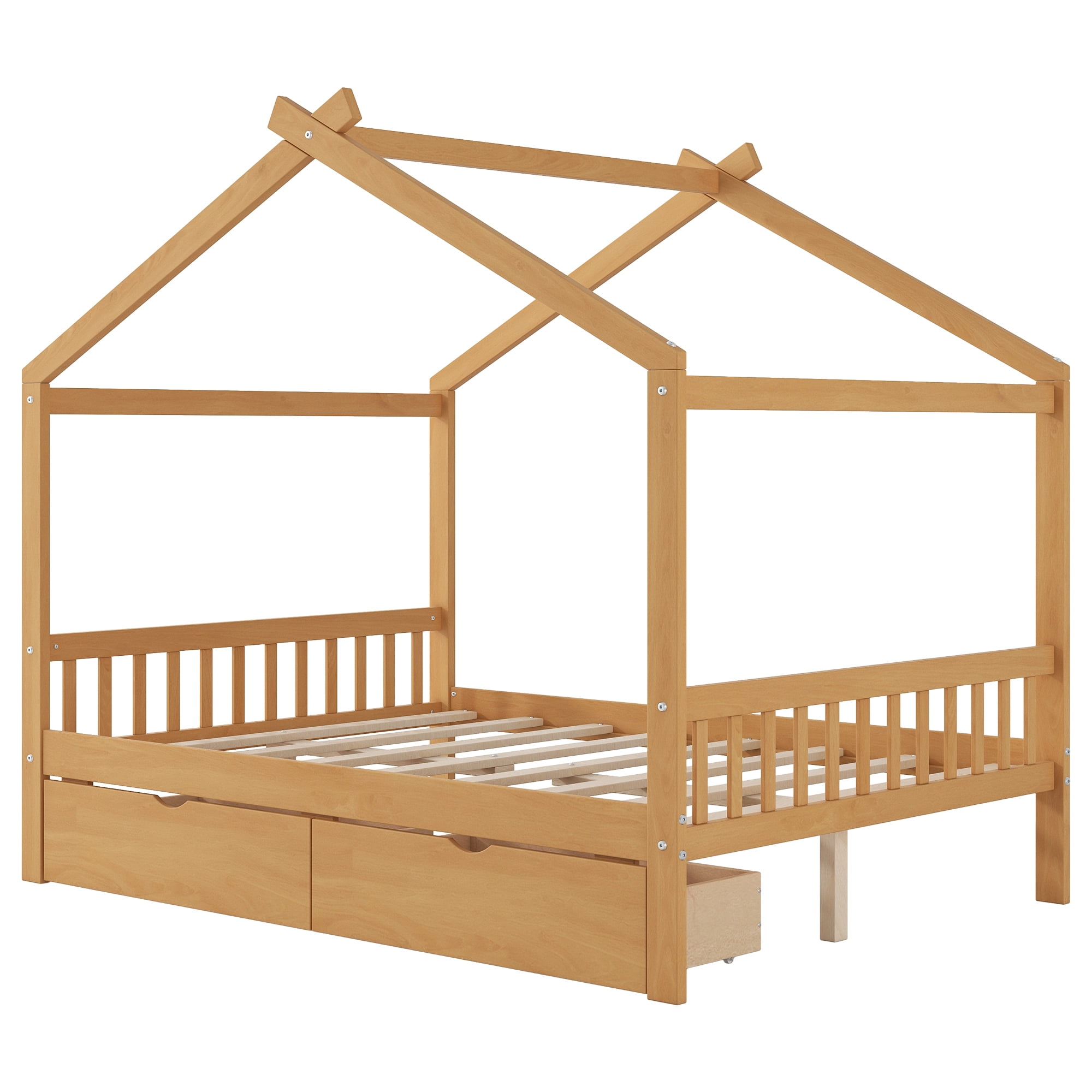 EUROCO Full Size House Bed with Two Drawers for Kids, Solid Wood Platform Bed for Living Room, Natural - Image 4